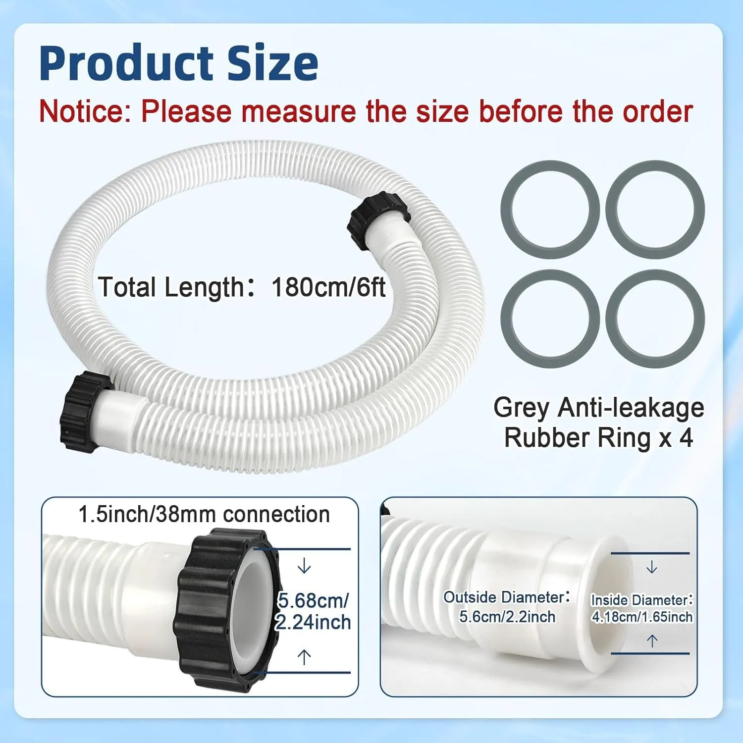 2 Pack 1 1/2 Pool Hose for Above Ground Pool 6ft Pump Replacement Hoses 1.5" EVA Heavy Duty Swimming Pool Hose for Above Ground, Filter Pumps, Saltwater Systems and Sand Filters (White)