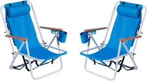 2 Pack Folding Beach Chairs for Adults - 4 Position Recliner with Headrest, Cup Holder & Wooden Armrests - Portable Backpack Camping Chairs, Heavy Duty Oxford Fabric (Blue)