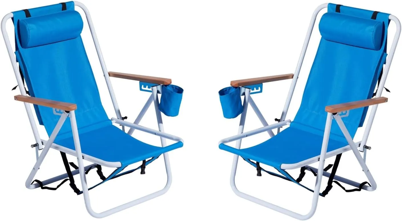 2 Pack Folding Beach Chairs for Adults - 4 Position Recliner with Headrest, Cup Holder & Wooden Armrests - Portable Backpack Camping Chairs, Heavy Duty Oxford Fabric (Blue)