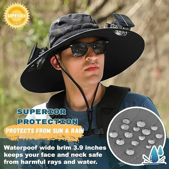 2 Pack Outdoor Wide Brim Sun Hat with 2 Solar-Powered Fans, Sun Bucket Hat for Men Women, Dual USB Charging & Solar Powered