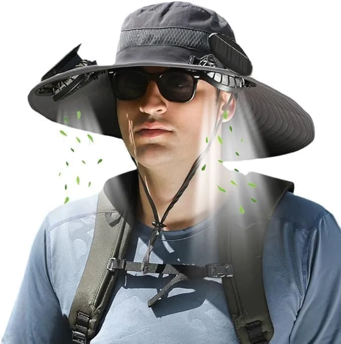 2 Pack Outdoor Wide Brim Sun Hat with 2 Solar-Powered Fans, Sun Bucket Hat for Men Women, Dual USB Charging & Solar Powered