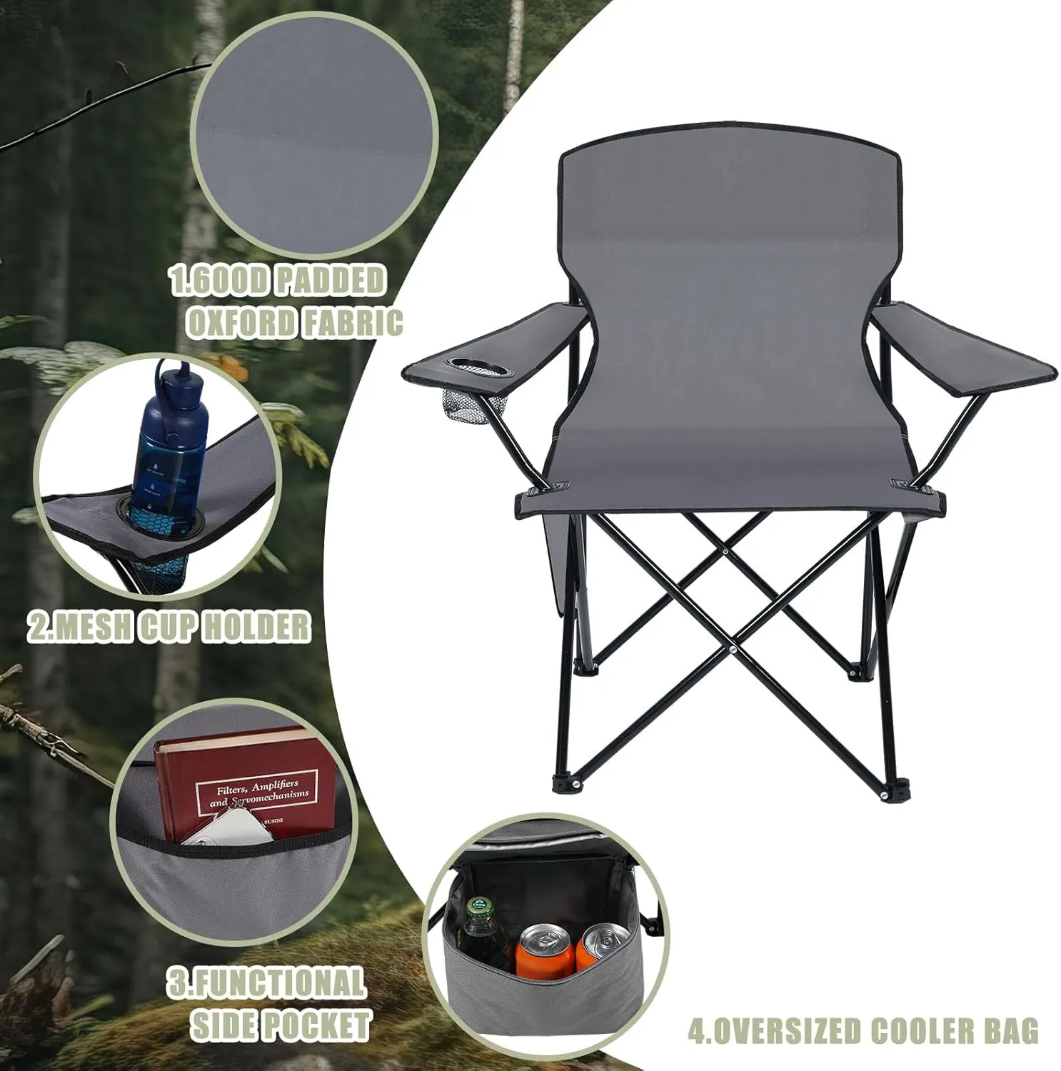 2 Pack Oversized Folding Camping Chairs with Cupholder and Carry Bag Breathable Portable Lightweight Lawn Chair Supports 265lbs for Outdoor Sports Beach(35.8 x 23.6 x 37.8 Inches,Gray)