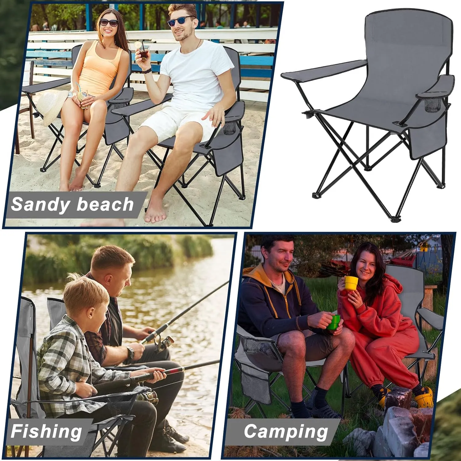 2 Pack Oversized Folding Camping Chairs with Cupholder and Carry Bag Breathable Portable Lightweight Lawn Chair Supports 265lbs for Outdoor Sports Beach(35.8 x 23.6 x 37.8 Inches,Gray)