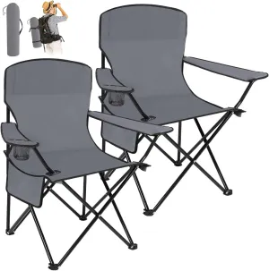 2 Pack Oversized Folding Camping Chairs with Cupholder and Carry Bag Breathable Portable Lightweight Lawn Chair Supports 265lbs for Outdoor Sports Beach(35.8 x 23.6 x 37.8 Inches,Gray)