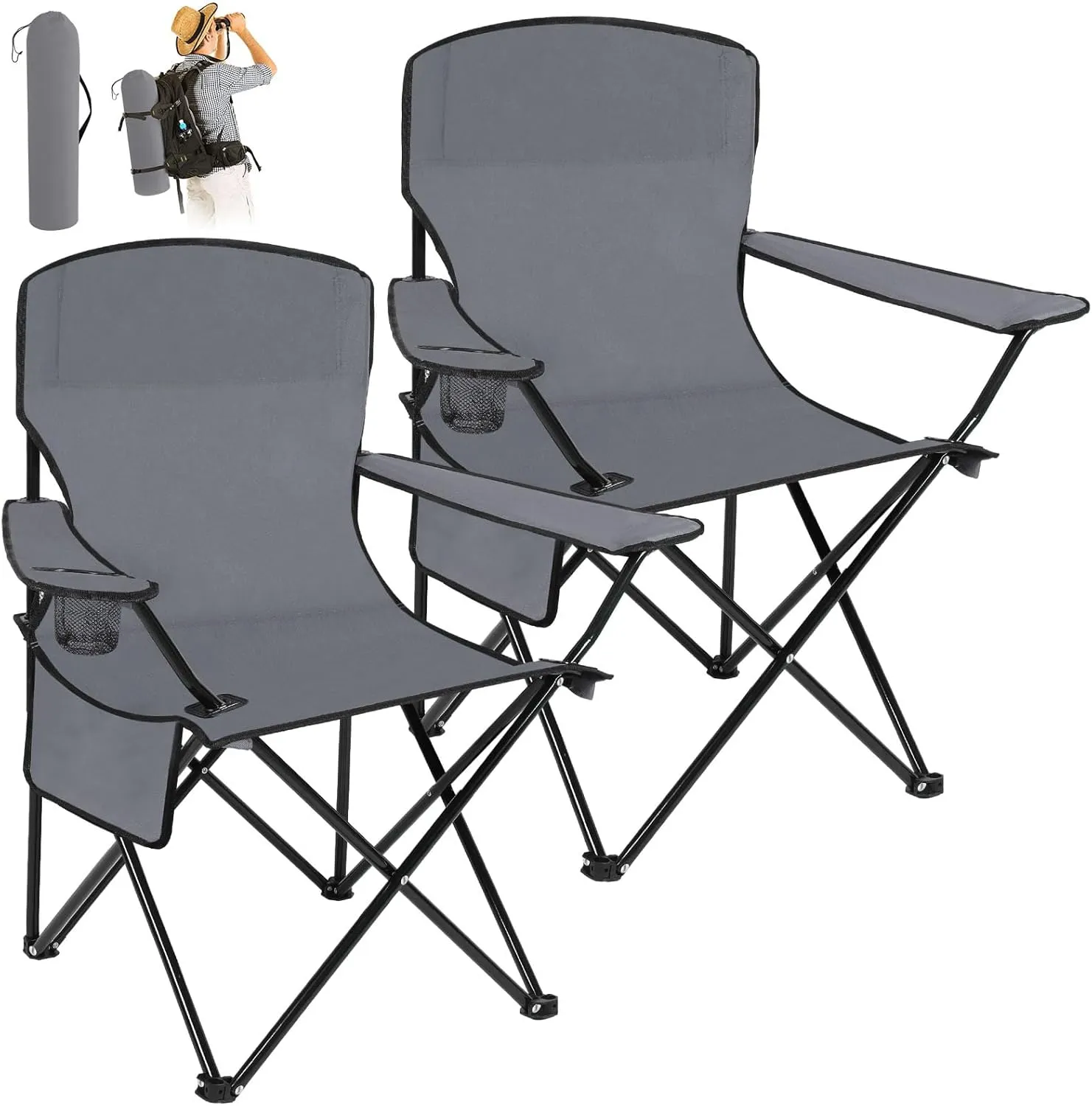2 Pack Oversized Folding Camping Chairs with Cupholder and Carry Bag Breathable Portable Lightweight Lawn Chair Supports 265lbs for Outdoor Sports Beach(35.8 x 23.6 x 37.8 Inches,Gray)