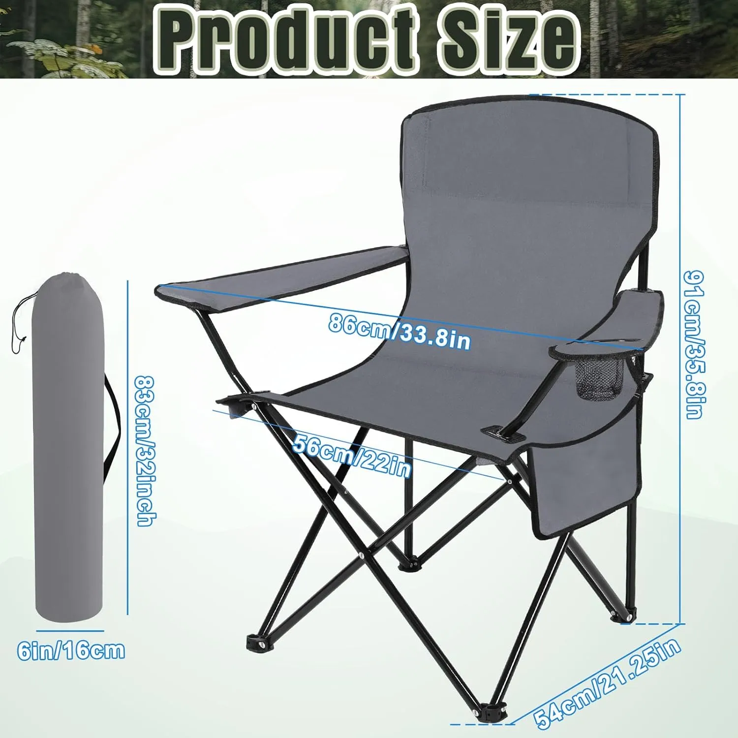 2 Pack Oversized Folding Camping Chairs with Cupholder and Carry Bag Breathable Portable Lightweight Lawn Chair Supports 265lbs for Outdoor Sports Beach(35.8 x 23.6 x 37.8 Inches,Gray)