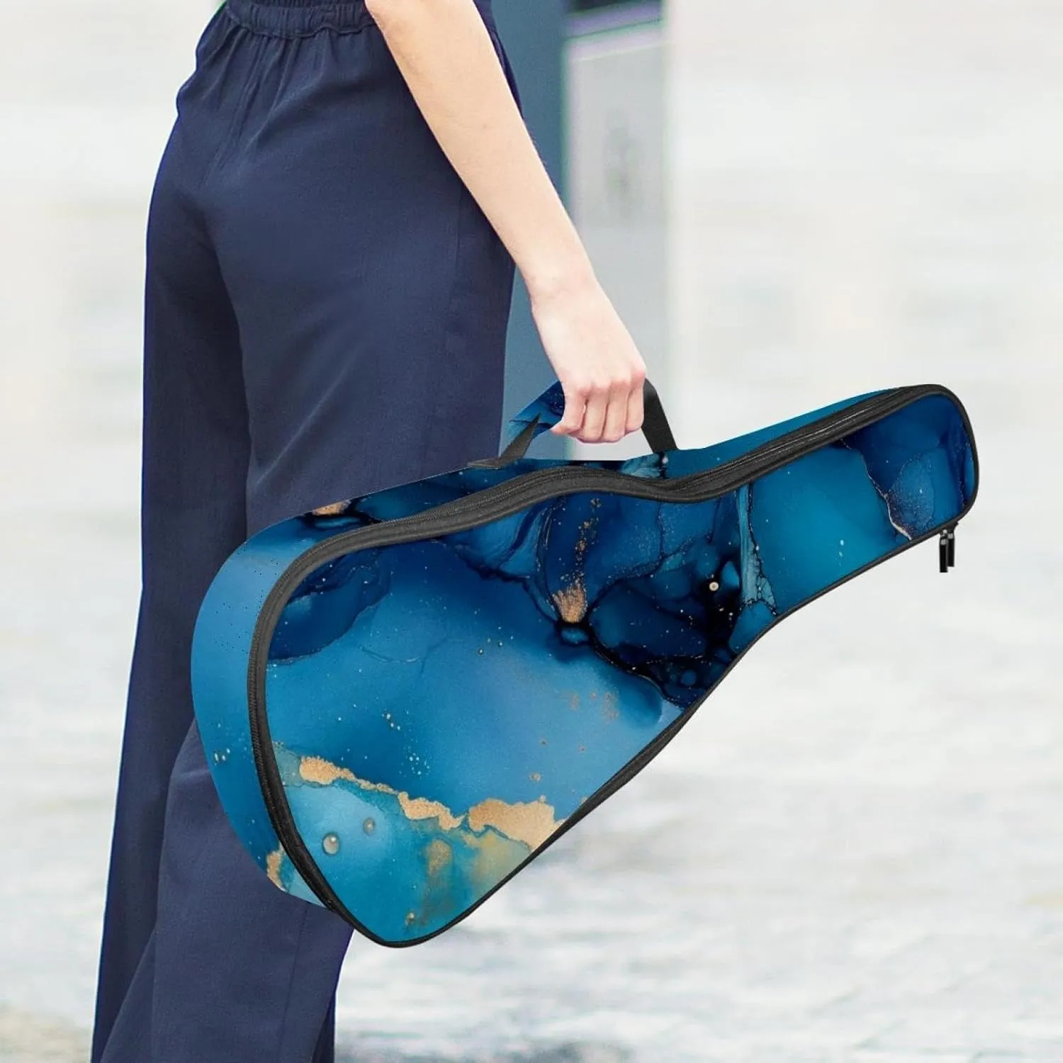 23 Inch Concert Ukulele Case Art Ink Blue and Gold Colors Ukulele Padded Bag with Storage and Shoulder Straps
