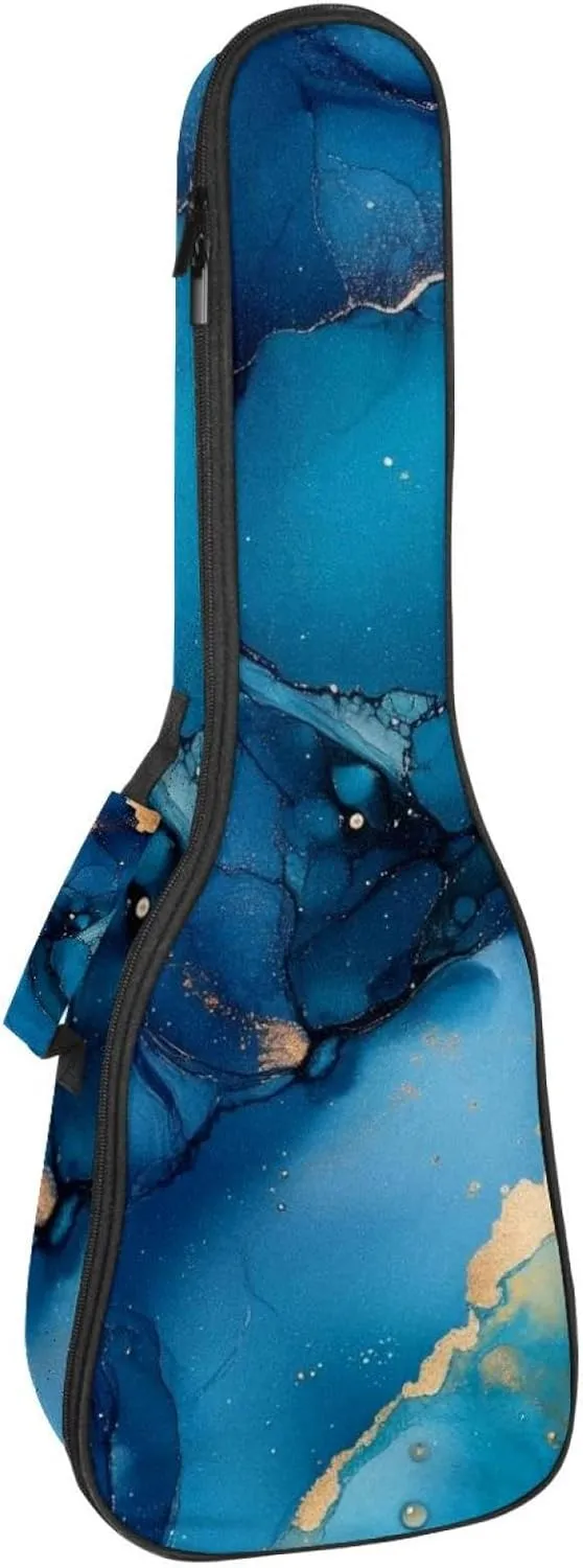 23 Inch Concert Ukulele Case Art Ink Blue and Gold Colors Ukulele Padded Bag with Storage and Shoulder Straps