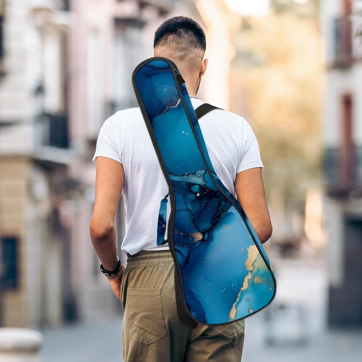 23 Inch Concert Ukulele Case Art Ink Blue and Gold Colors Ukulele Padded Bag with Storage and Shoulder Straps