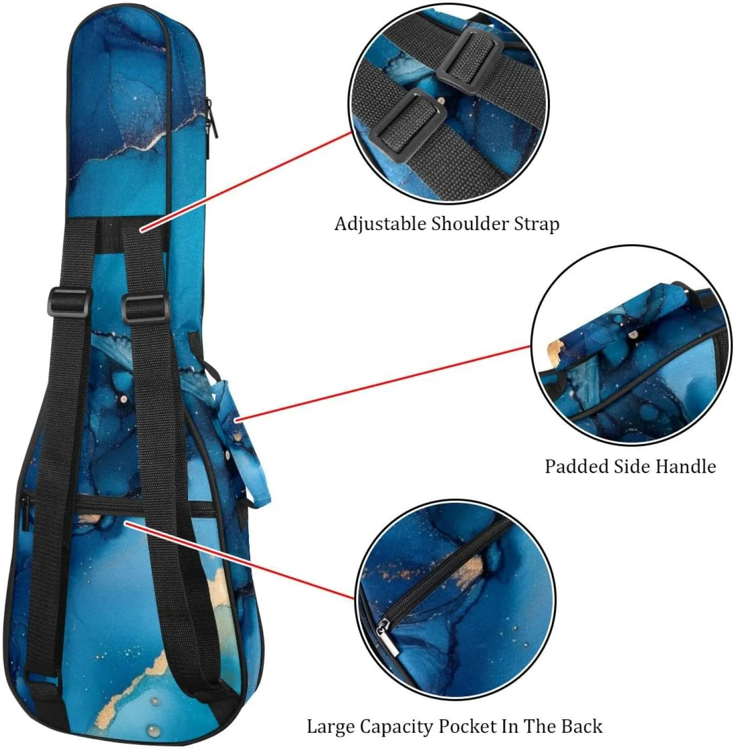 23 Inch Concert Ukulele Case Art Ink Blue and Gold Colors Ukulele Padded Bag with Storage and Shoulder Straps