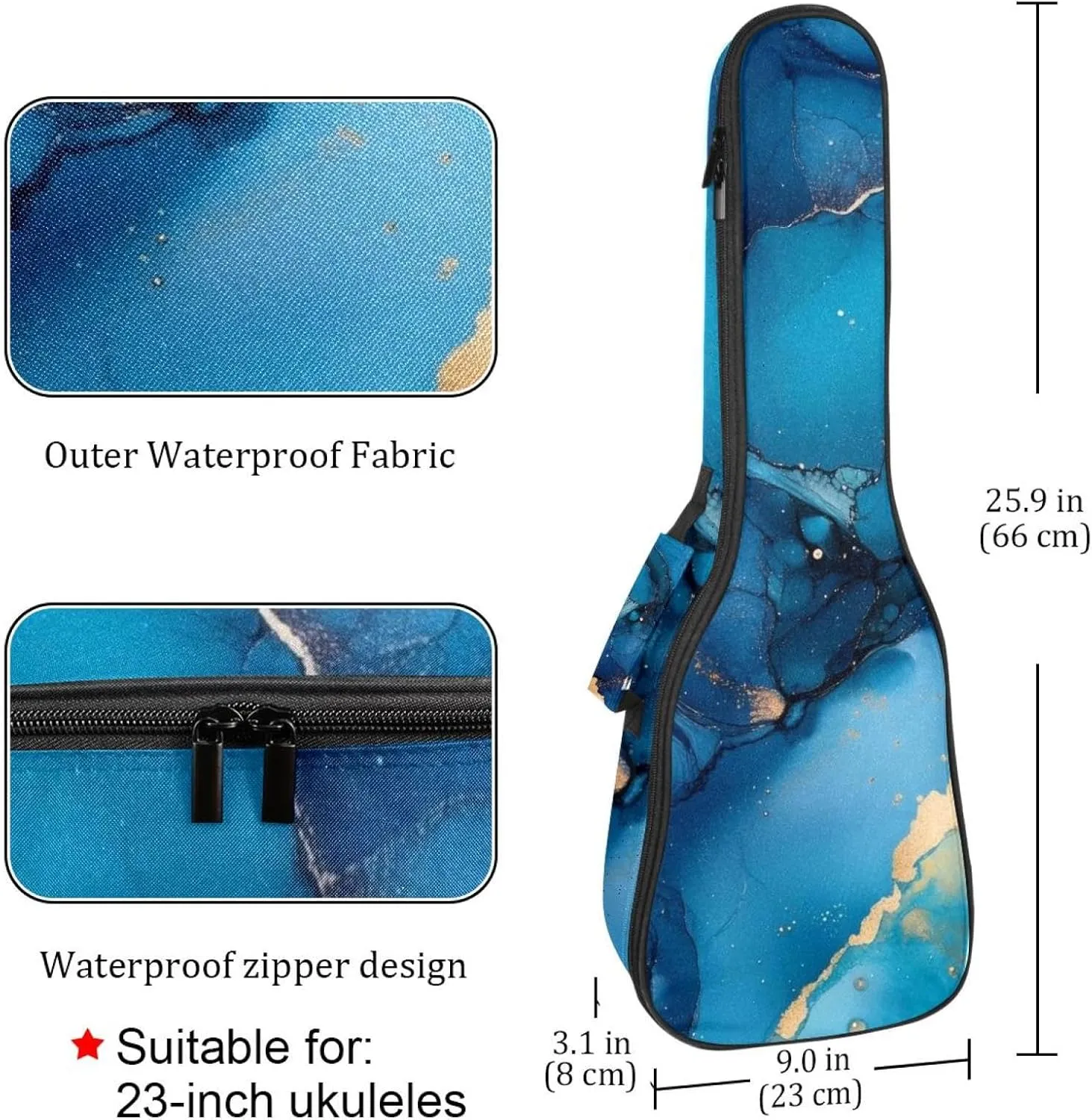 23 Inch Concert Ukulele Case Art Ink Blue and Gold Colors Ukulele Padded Bag with Storage and Shoulder Straps