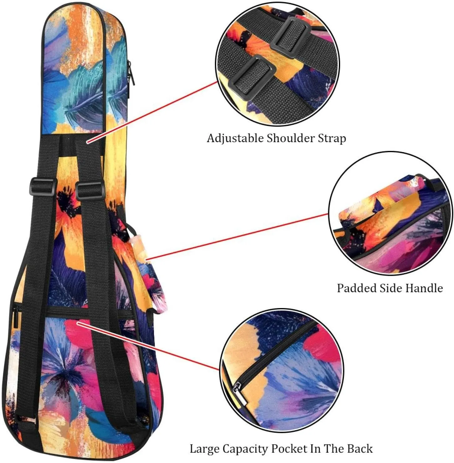 23 Inch Concert Ukulele Case Flower Leaf Abstract Watercolor Pattern Ukulele Padded Bag with Storage and Shoulder Straps