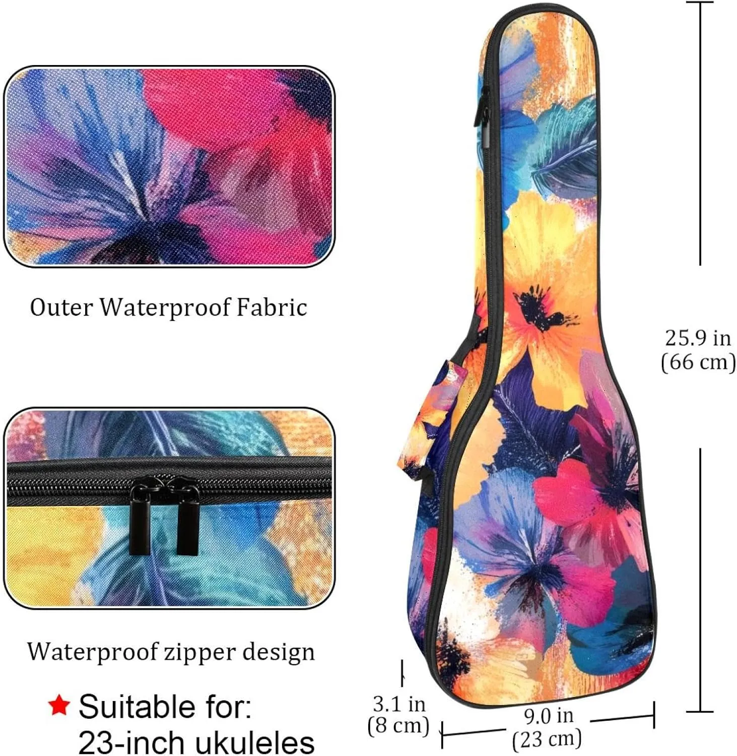 23 Inch Concert Ukulele Case Flower Leaf Abstract Watercolor Pattern Ukulele Padded Bag with Storage and Shoulder Straps