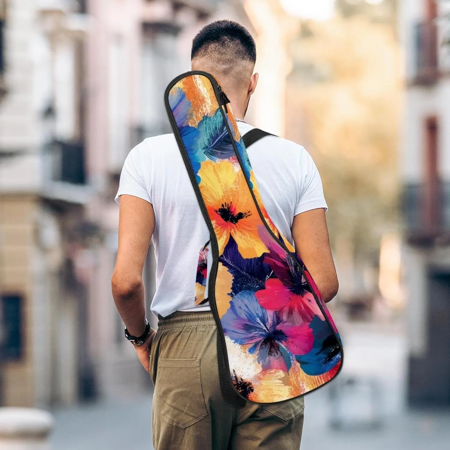 23 Inch Concert Ukulele Case Flower Leaf Abstract Watercolor Pattern Ukulele Padded Bag with Storage and Shoulder Straps