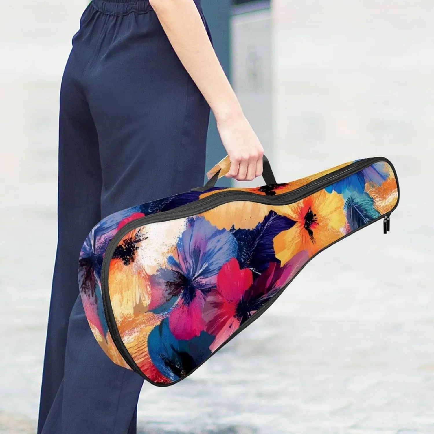 23 Inch Concert Ukulele Case Flower Leaf Abstract Watercolor Pattern Ukulele Padded Bag with Storage and Shoulder Straps