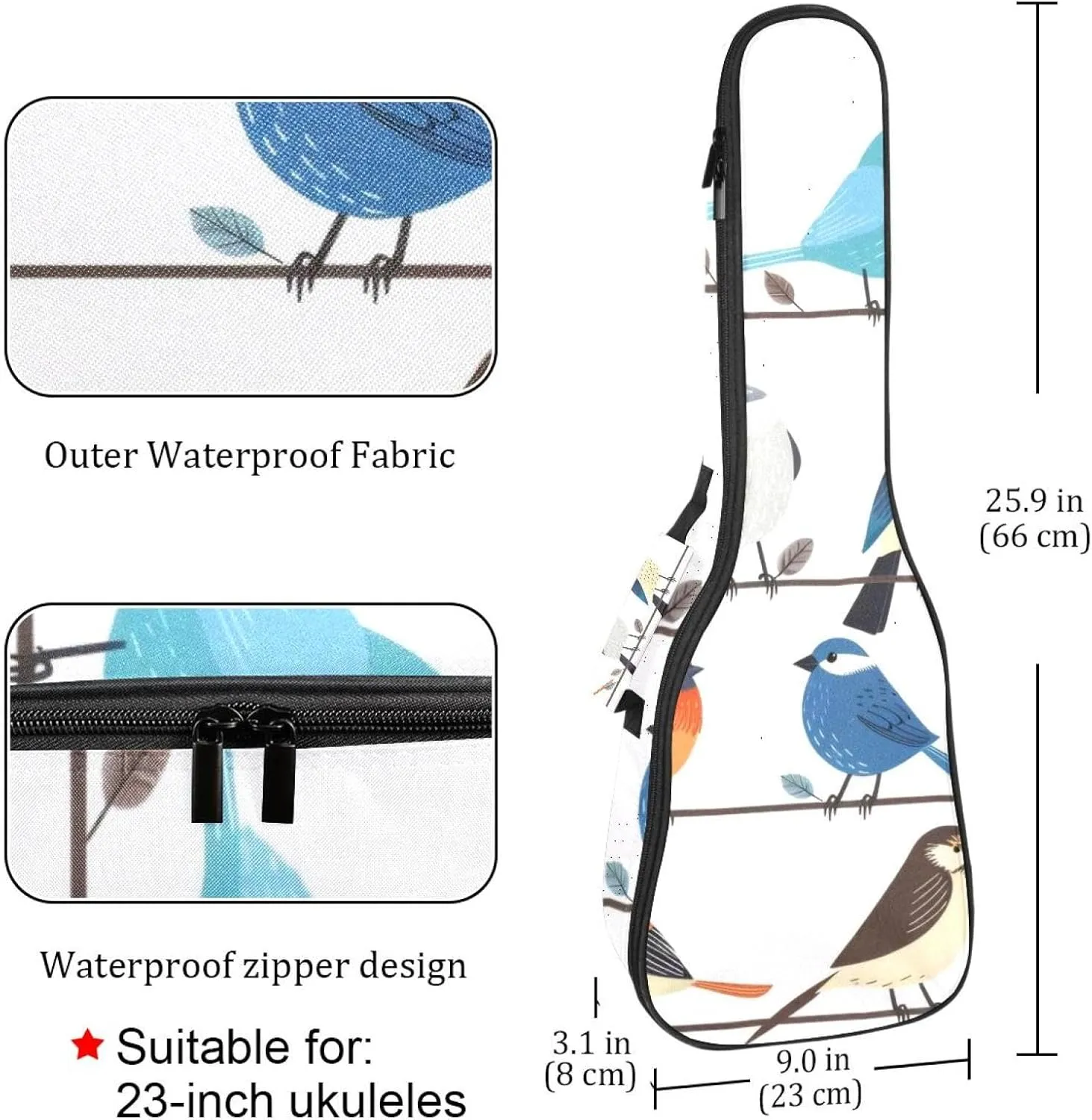 23 Inch Concert Ukulele Case Spring Feathered Animals Group Landing Ukulele Padded Bag with Storage and Shoulder Straps