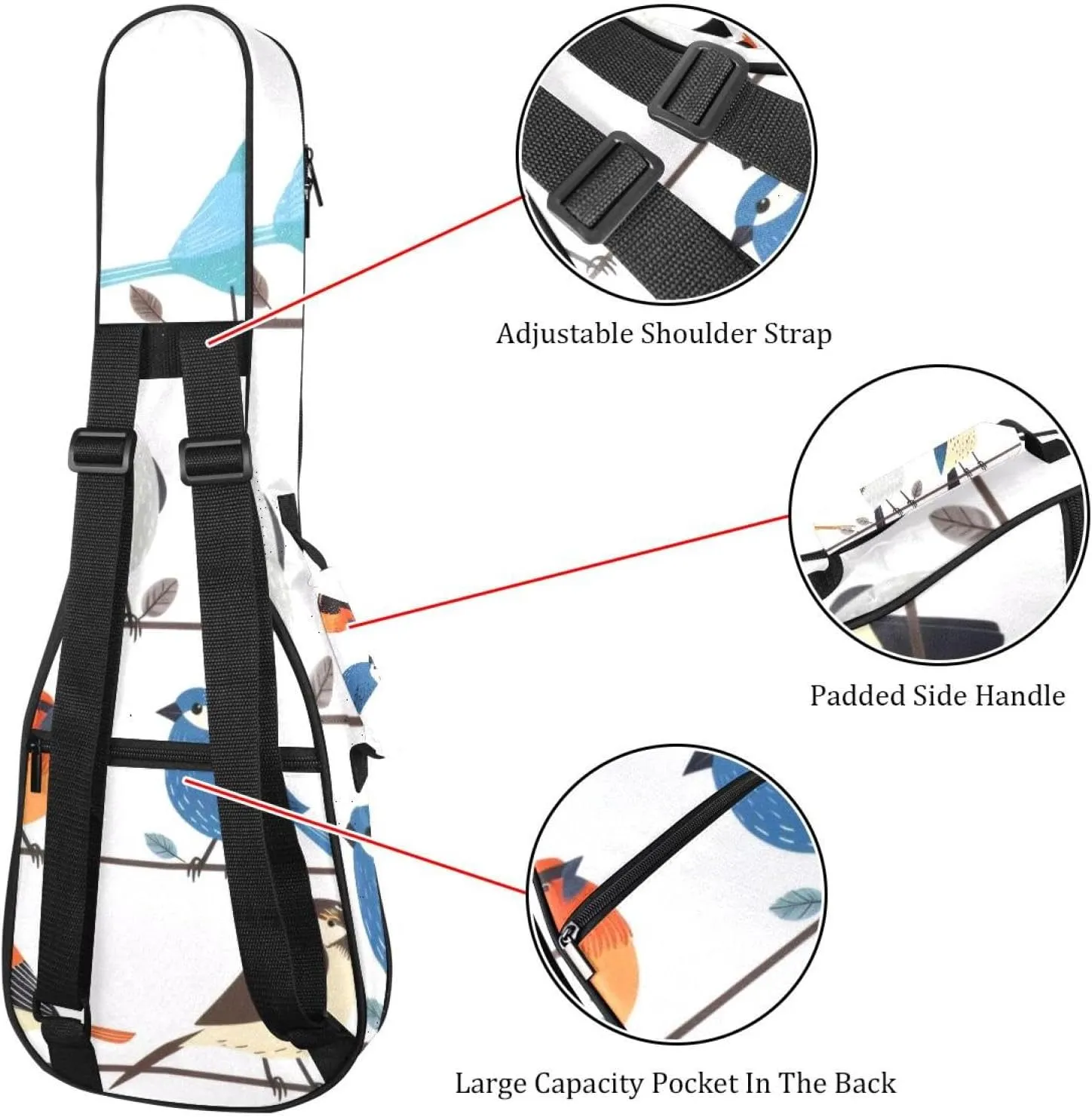 23 Inch Concert Ukulele Case Spring Feathered Animals Group Landing Ukulele Padded Bag with Storage and Shoulder Straps