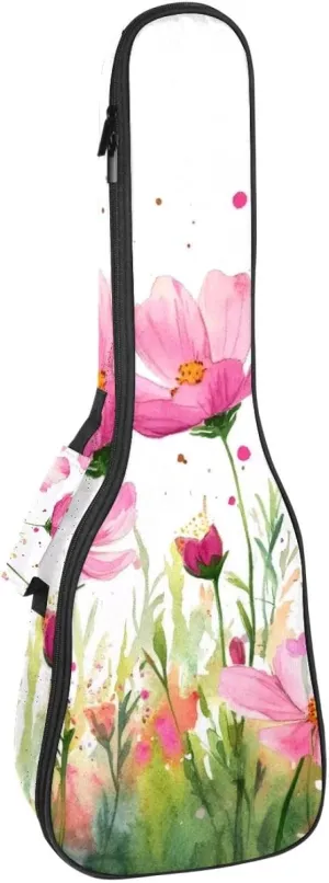 23 Inch Concert Ukulele Case Watercolor Pink Cosmos Flowers Ukulele Padded Bag with Storage and Shoulder Straps