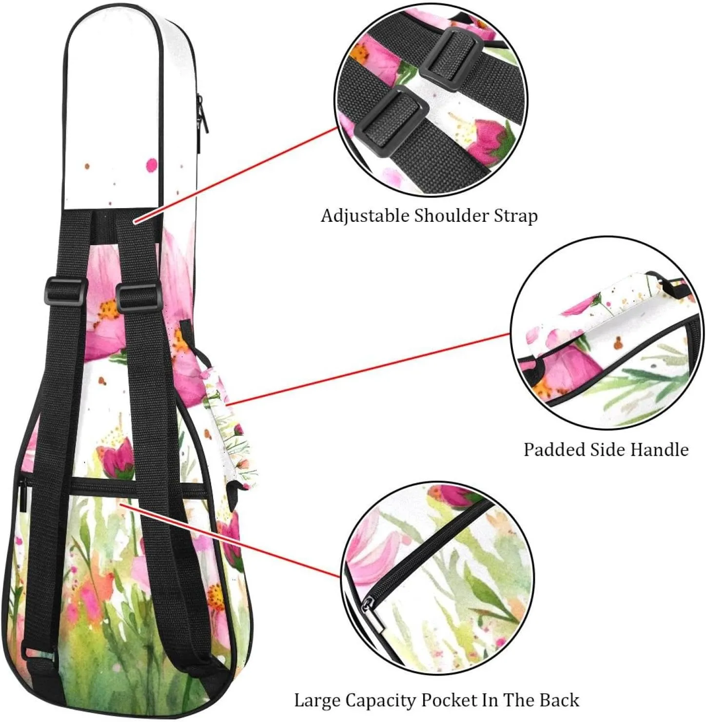 23 Inch Concert Ukulele Case Watercolor Pink Cosmos Flowers Ukulele Padded Bag with Storage and Shoulder Straps