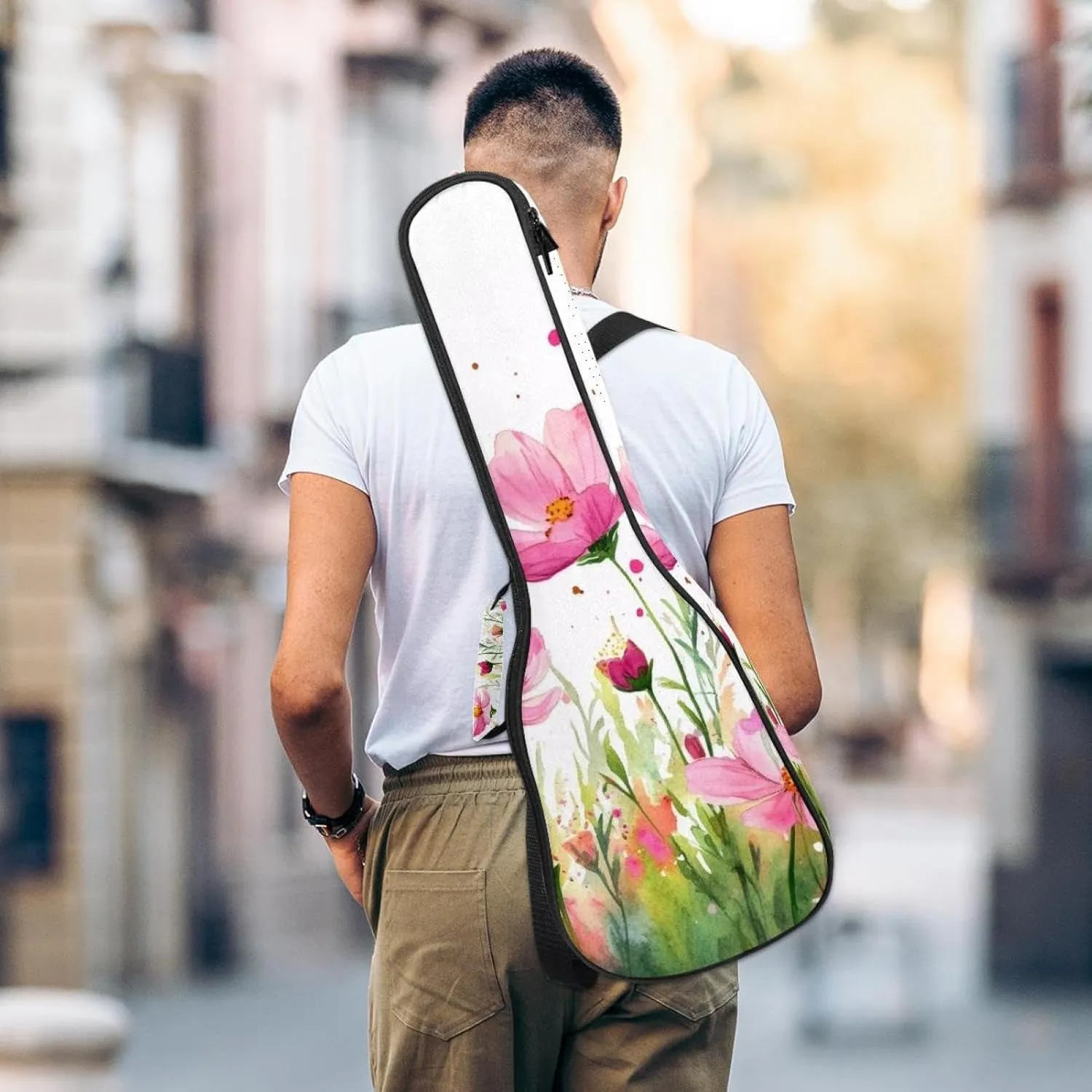 23 Inch Concert Ukulele Case Watercolor Pink Cosmos Flowers Ukulele Padded Bag with Storage and Shoulder Straps