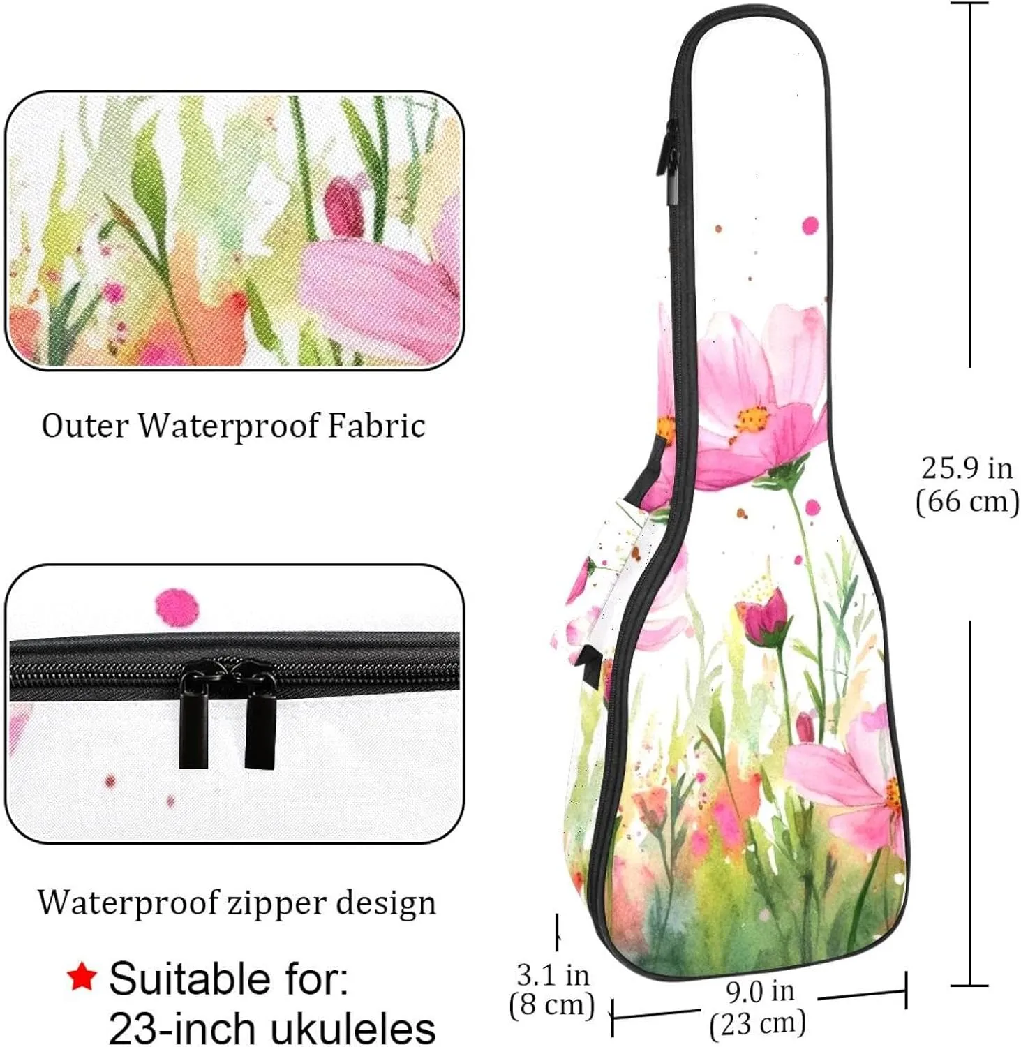 23 Inch Concert Ukulele Case Watercolor Pink Cosmos Flowers Ukulele Padded Bag with Storage and Shoulder Straps
