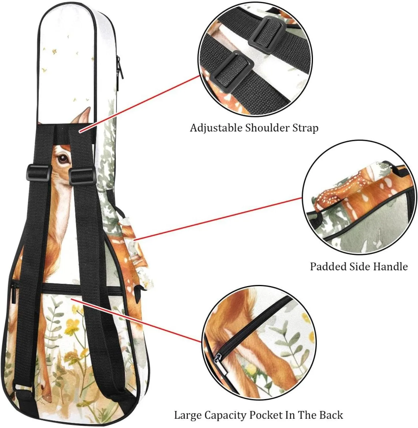 23 Inch Concert Ukulele Case Wildlife Forest Deer Ukulele Padded Bag with Storage and Shoulder Straps