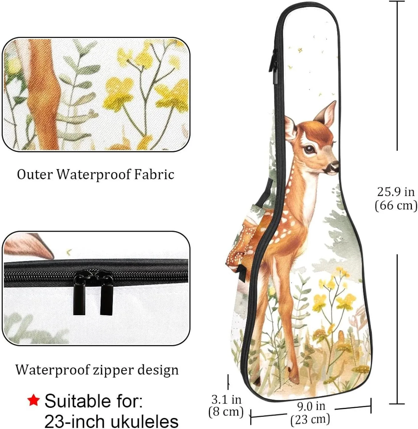 23 Inch Concert Ukulele Case Wildlife Forest Deer Ukulele Padded Bag with Storage and Shoulder Straps