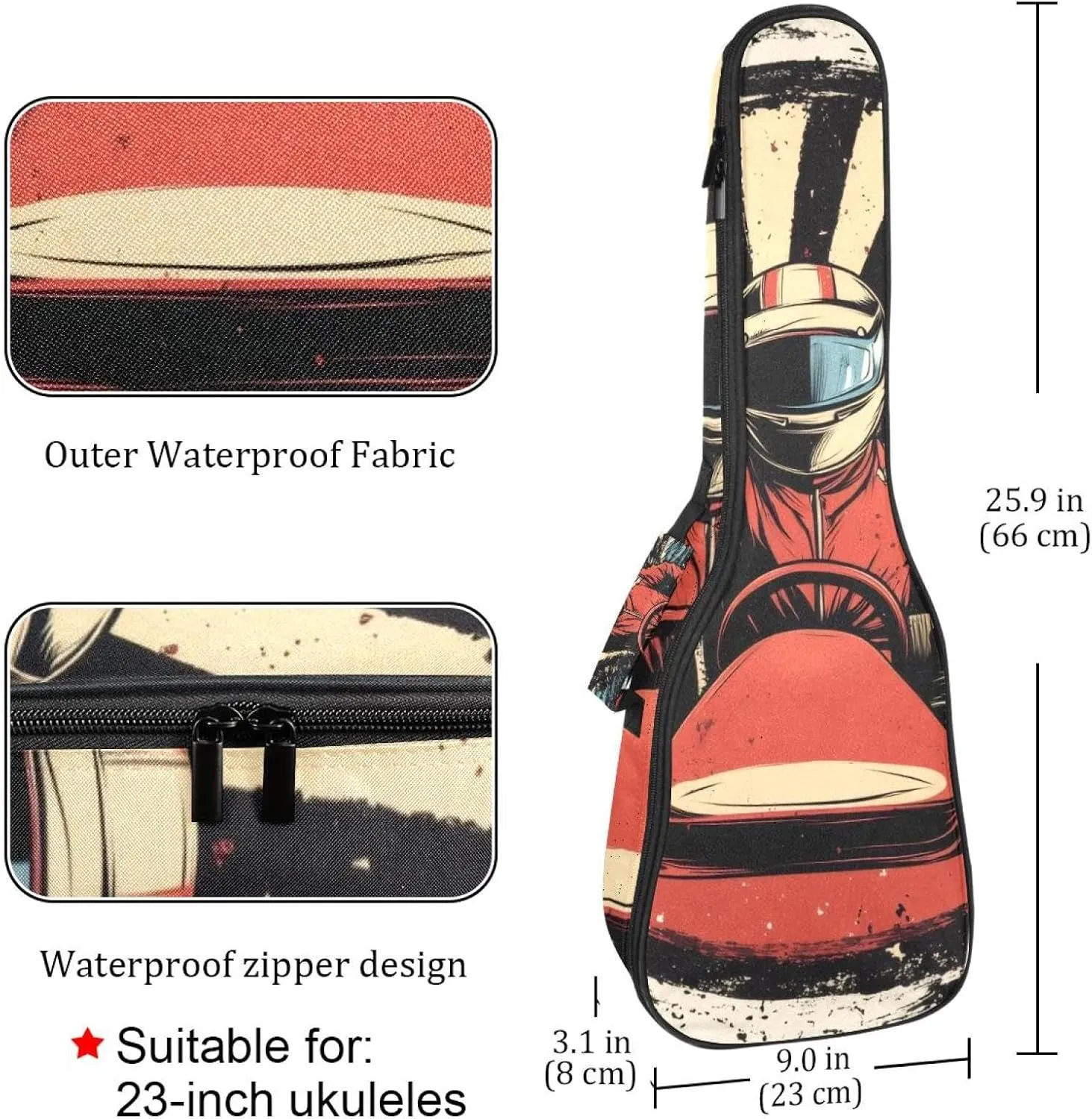 23" Ukulele Bag Racer in a Victory Pose with Checkered Flags and Wing Padding Carry Case Ukulele Cover with Storage and Thick Handle