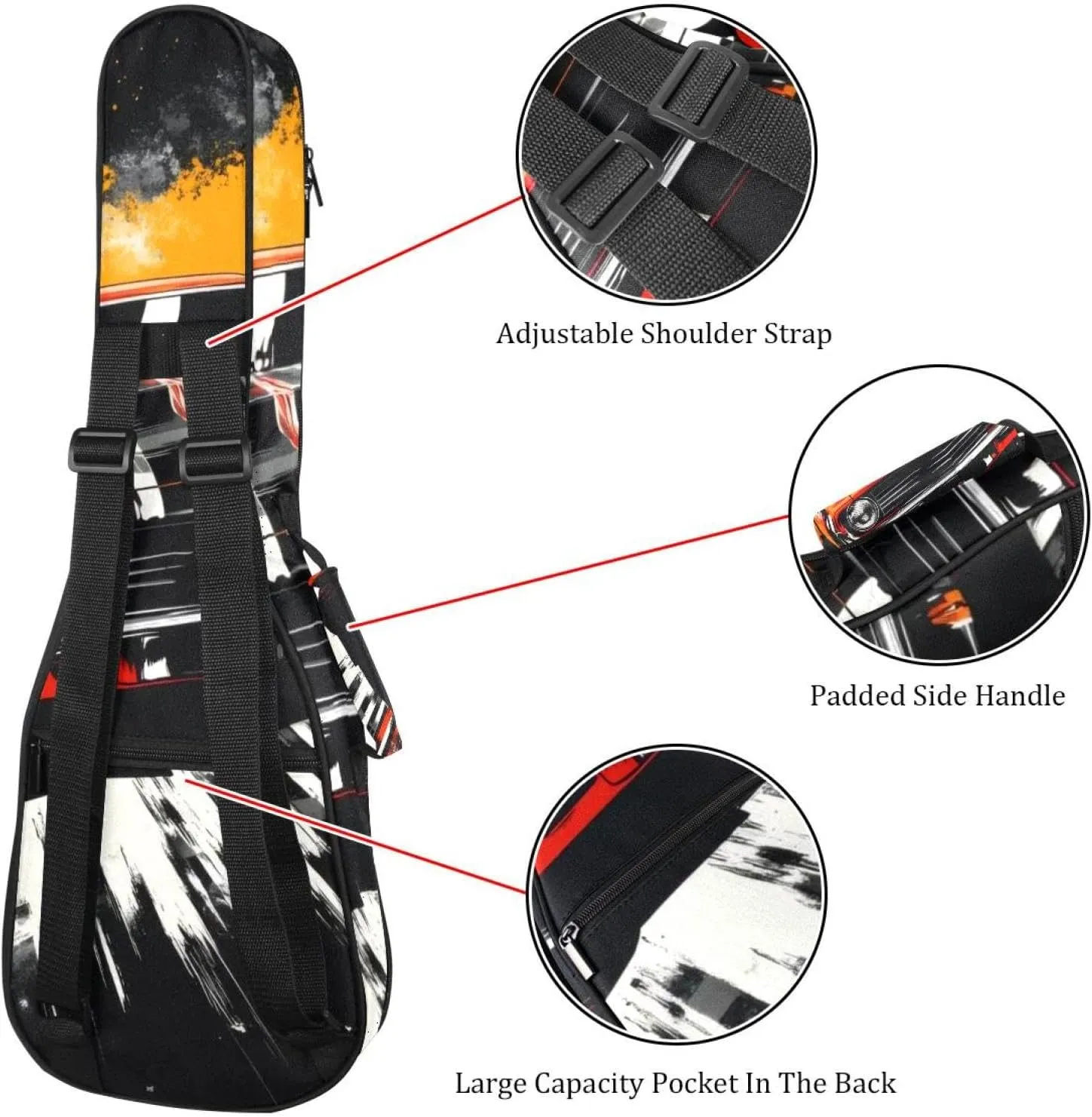 23" Ukulele Bag Vintage Retro Racing Car Road Speed Padding Carry Case Ukulele Cover with Storage and Thick Handle