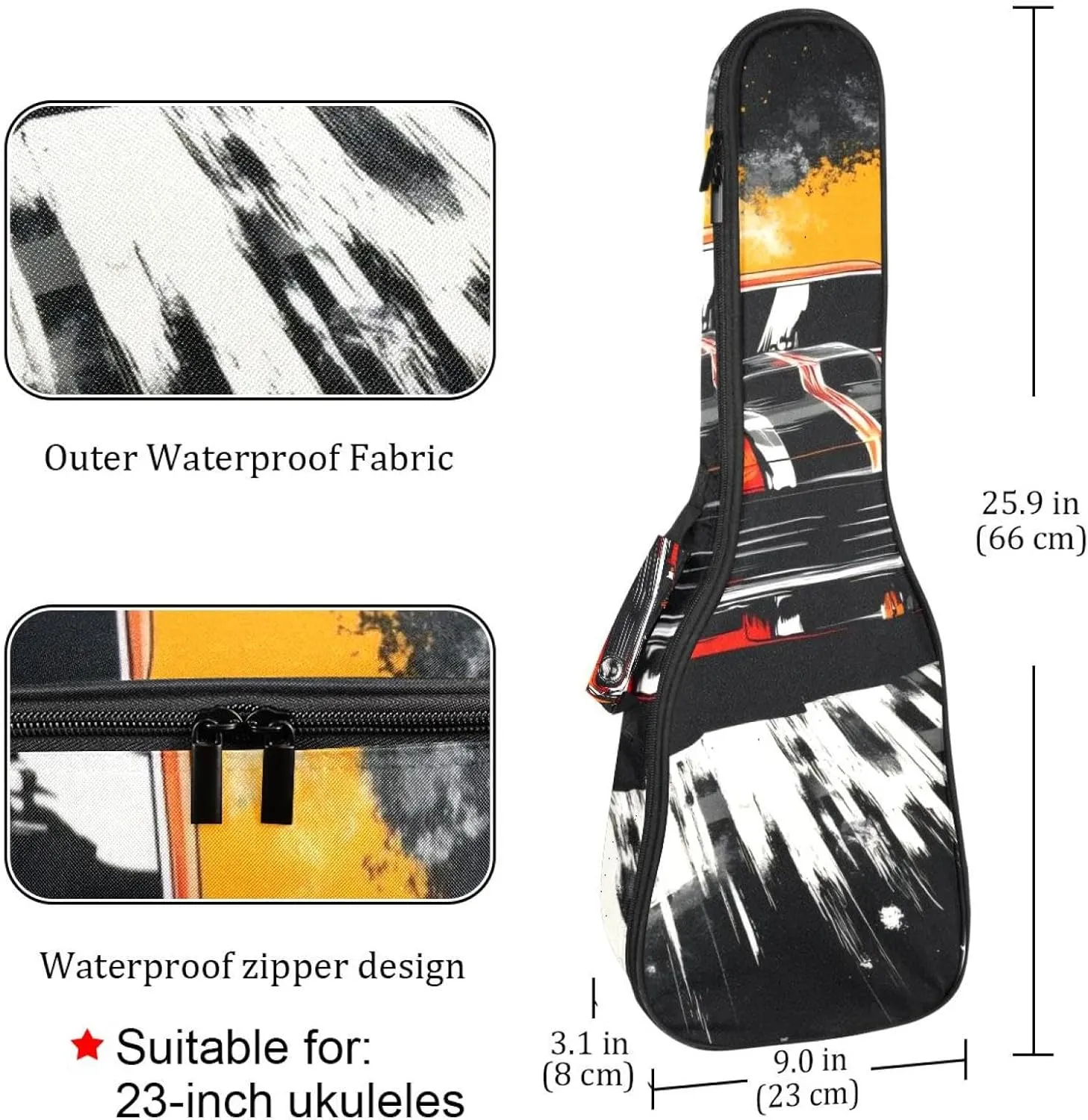 23" Ukulele Bag Vintage Retro Racing Car Road Speed Padding Carry Case Ukulele Cover with Storage and Thick Handle