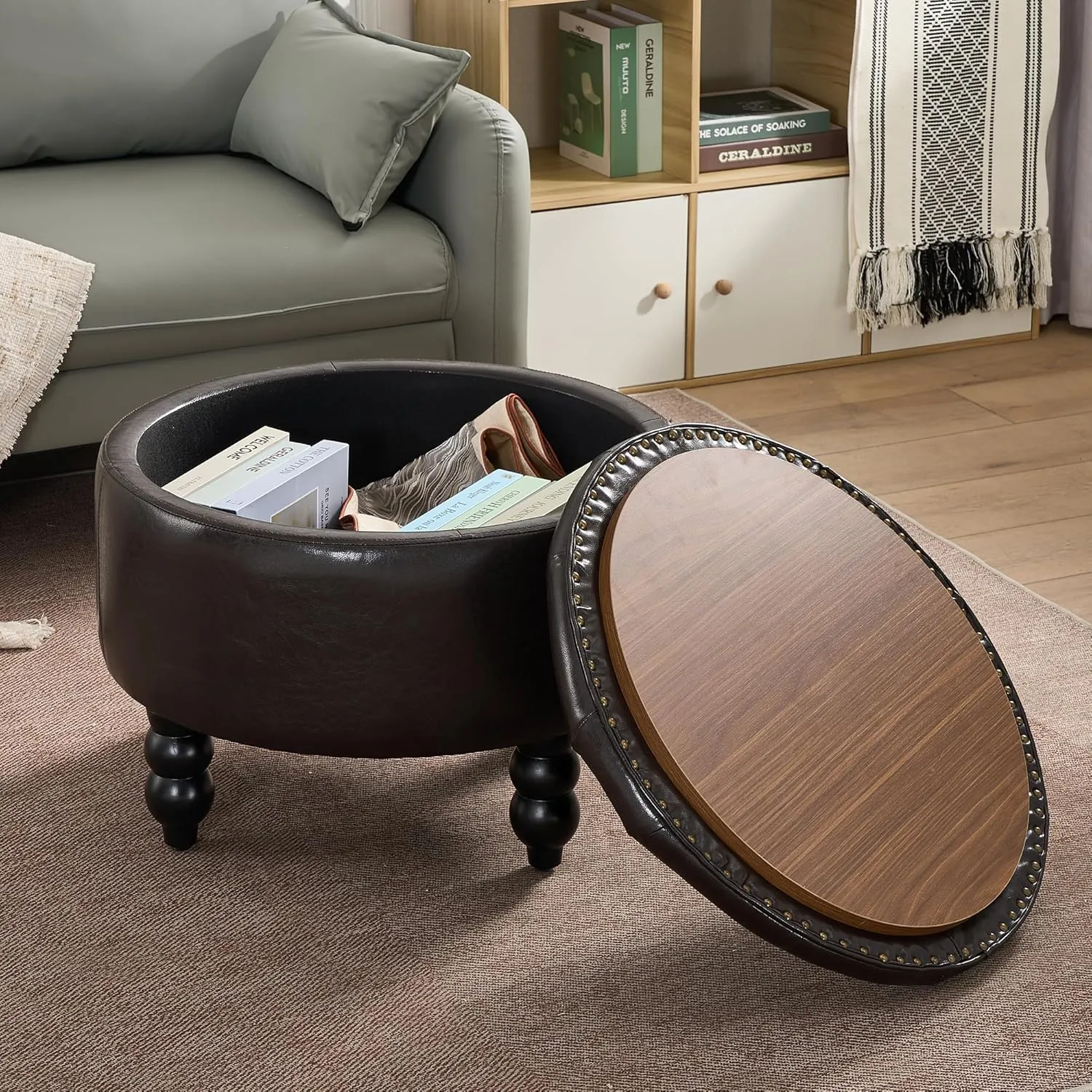 24 Inch PU Leather Round Storage Ottoman, Upholstered Button Tufted Ottoman Coffee Table with Flip Top, Footrest for Living Room, Bedroom, Dark Brown
