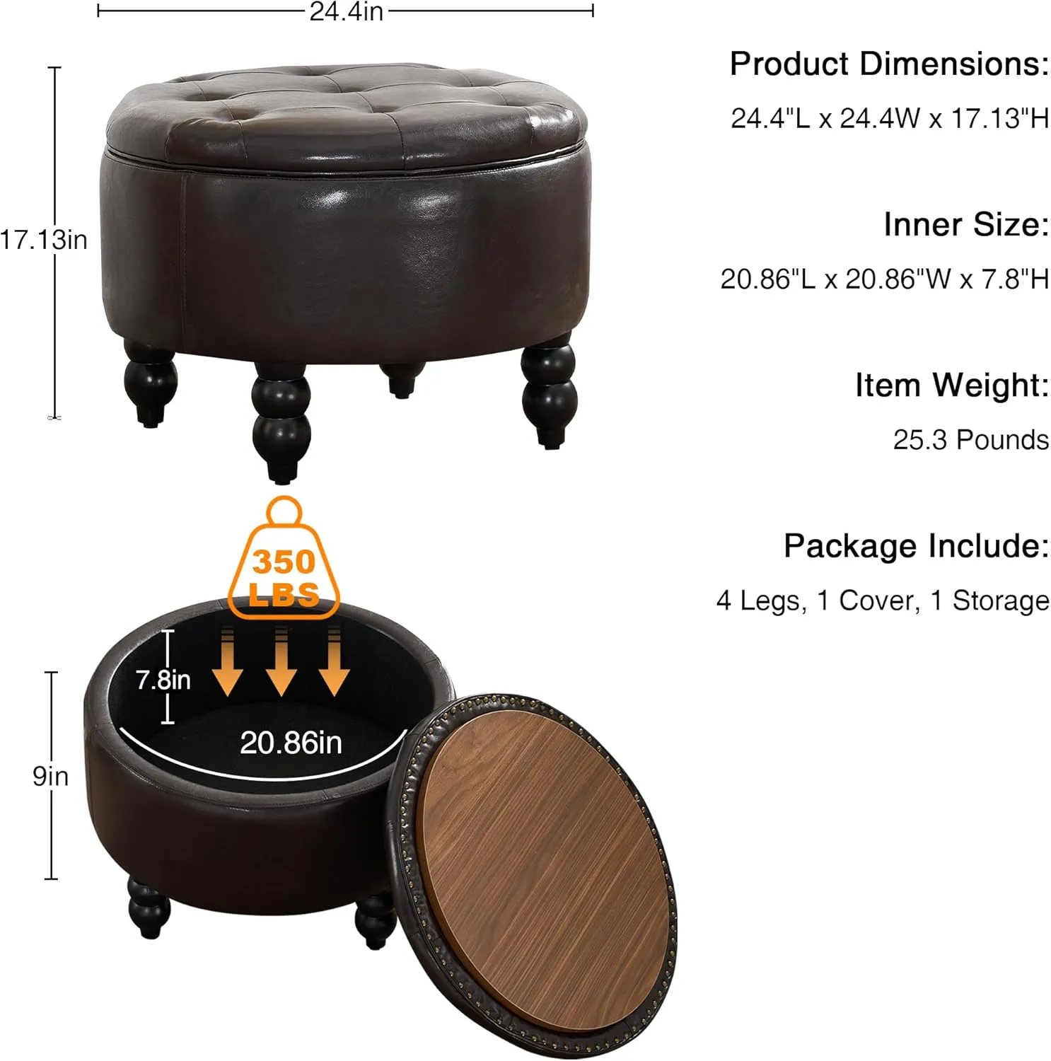 24 Inch PU Leather Round Storage Ottoman, Upholstered Button Tufted Ottoman Coffee Table with Flip Top, Footrest for Living Room, Bedroom, Dark Brown