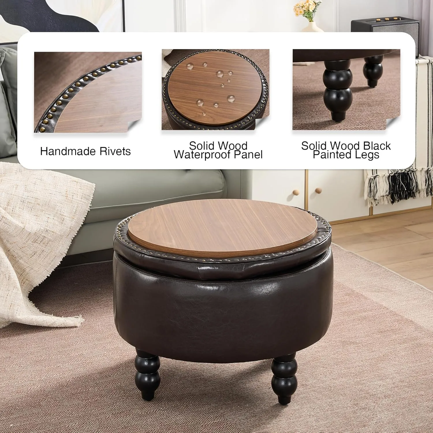 24 Inch PU Leather Round Storage Ottoman, Upholstered Button Tufted Ottoman Coffee Table with Flip Top, Footrest for Living Room, Bedroom, Dark Brown
