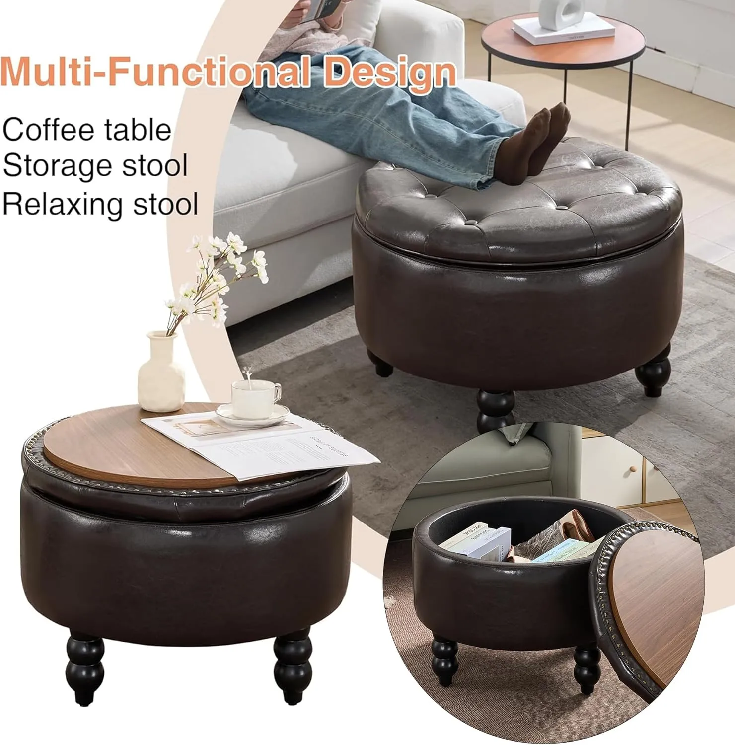 24 Inch PU Leather Round Storage Ottoman, Upholstered Button Tufted Ottoman Coffee Table with Flip Top, Footrest for Living Room, Bedroom, Dark Brown