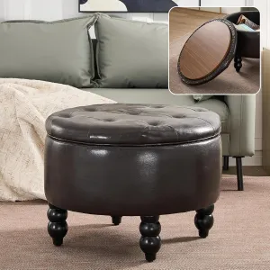 24 Inch PU Leather Round Storage Ottoman, Upholstered Button Tufted Ottoman Coffee Table with Flip Top, Footrest for Living Room, Bedroom, Dark Brown