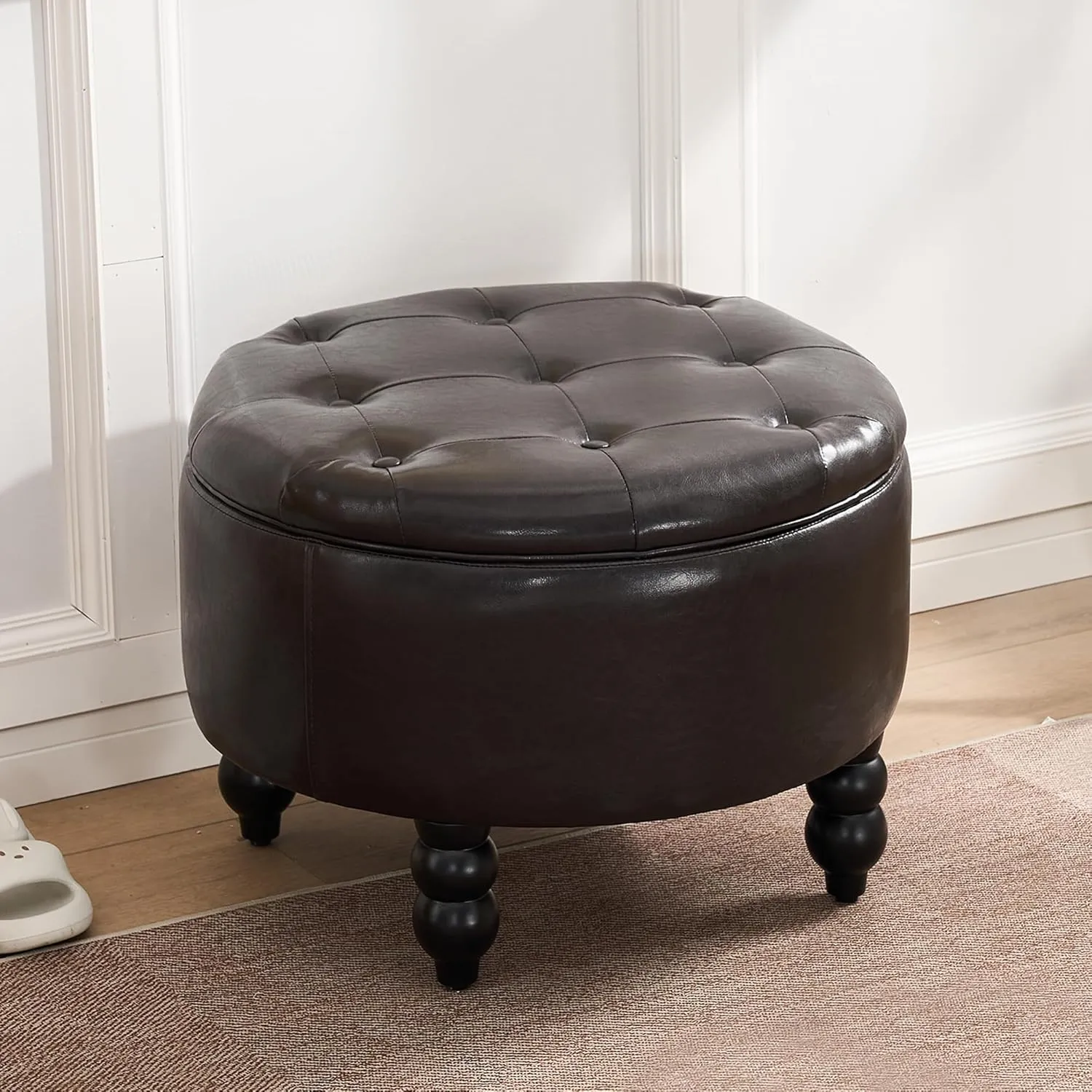 24 Inch PU Leather Round Storage Ottoman, Upholstered Button Tufted Ottoman Coffee Table with Flip Top, Footrest for Living Room, Bedroom, Dark Brown