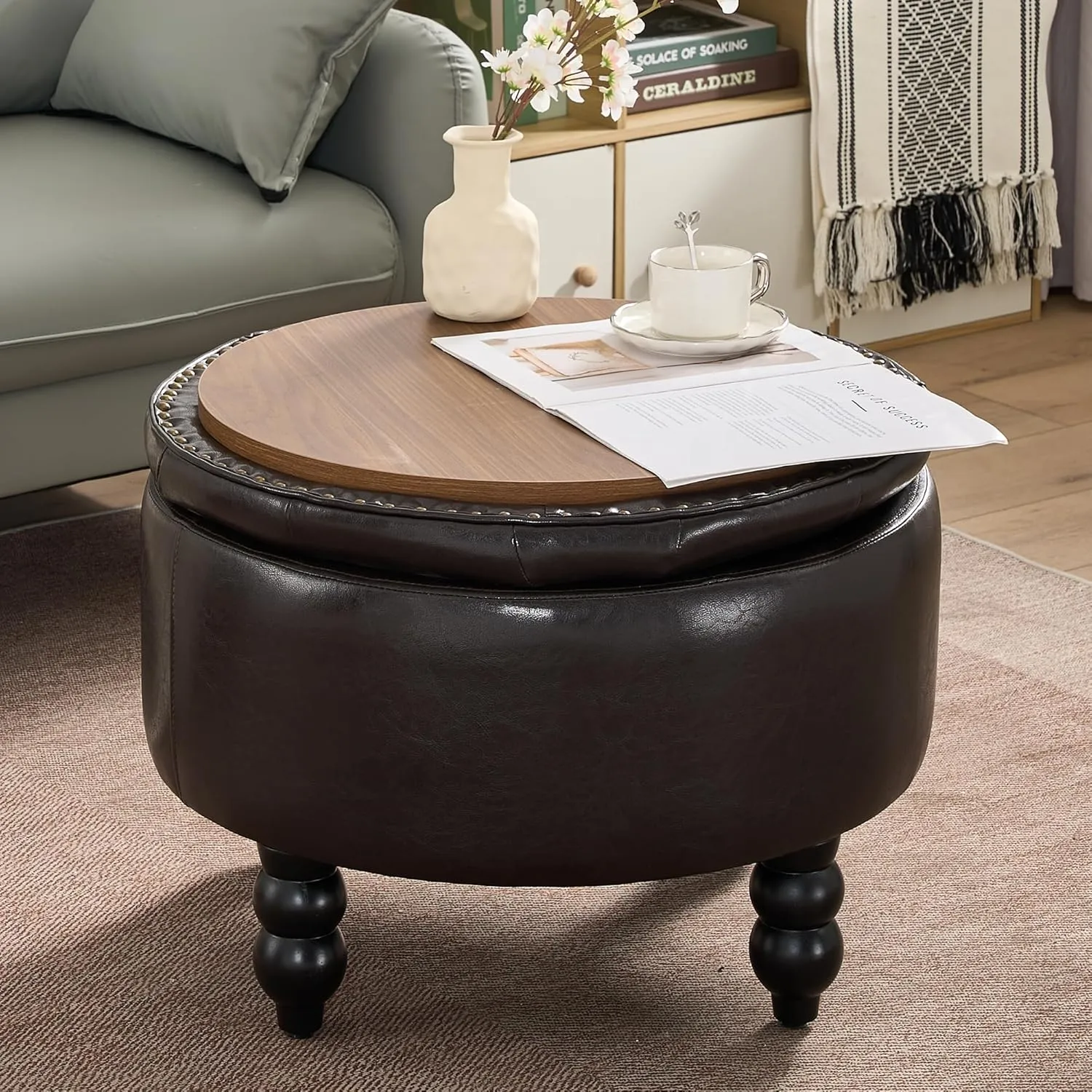 24 Inch PU Leather Round Storage Ottoman, Upholstered Button Tufted Ottoman Coffee Table with Flip Top, Footrest for Living Room, Bedroom, Dark Brown