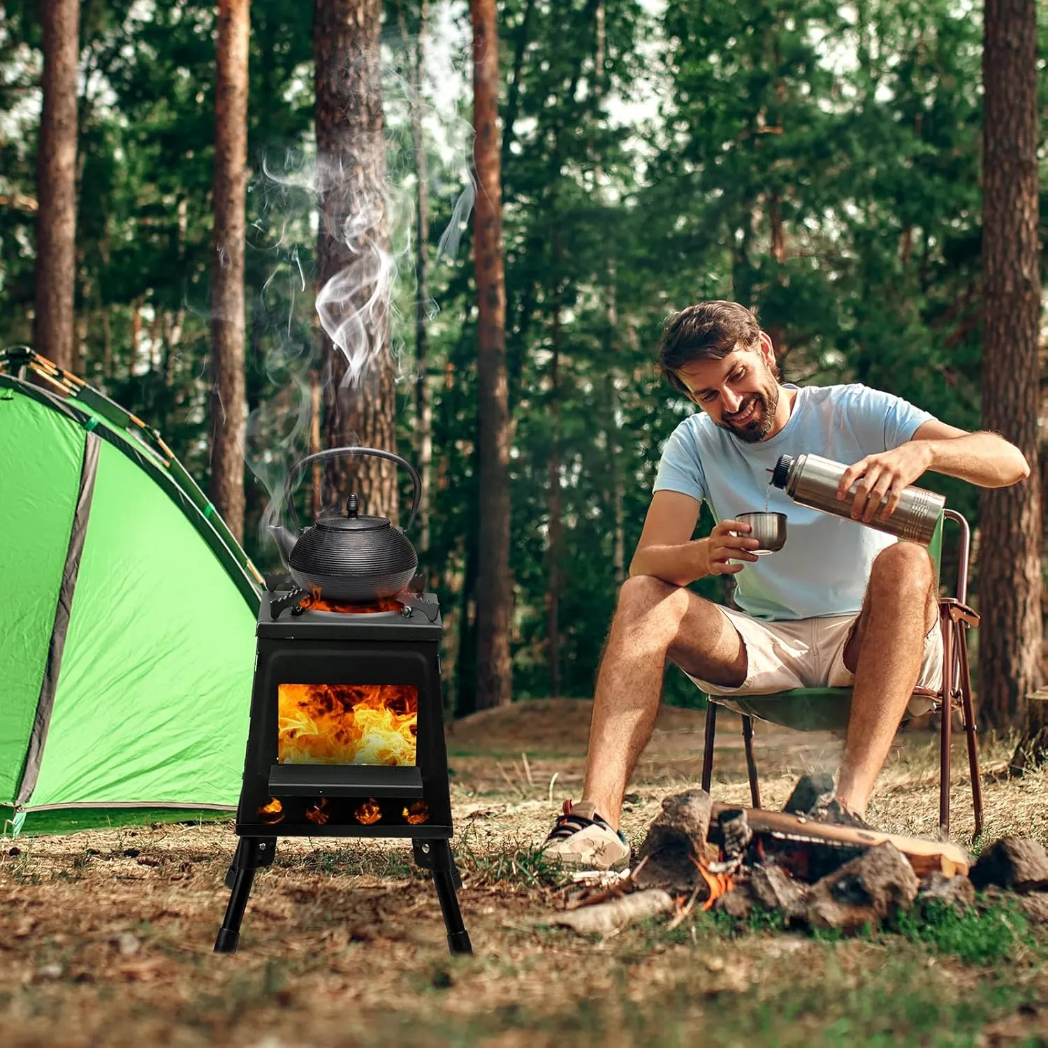 27x27 Portable Camping Stove - Multi-Function Outdoor Wood Burning Stove for Hiking, Fishing, Cooking