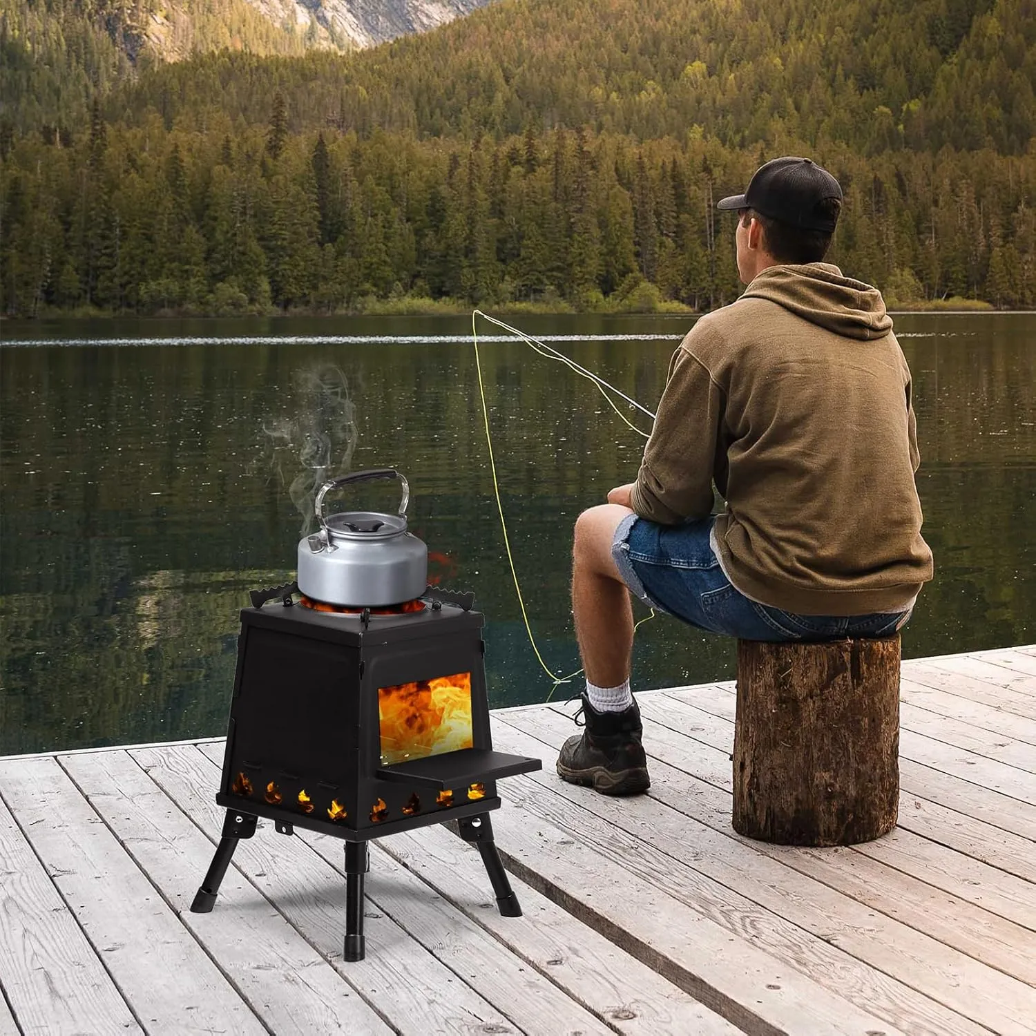 27x27 Portable Camping Stove - Multi-Function Outdoor Wood Burning Stove for Hiking, Fishing, Cooking