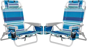2Pk Aluminum 5-Position Lay Flat Folding Backpack Beach Chairs for Adults, with Cooler Bag, Cup&Phone Holder, Towel Bar for Outdoor Lawn Picnic Sport, Portable Foldable Camping Chairs, Blue Stripes