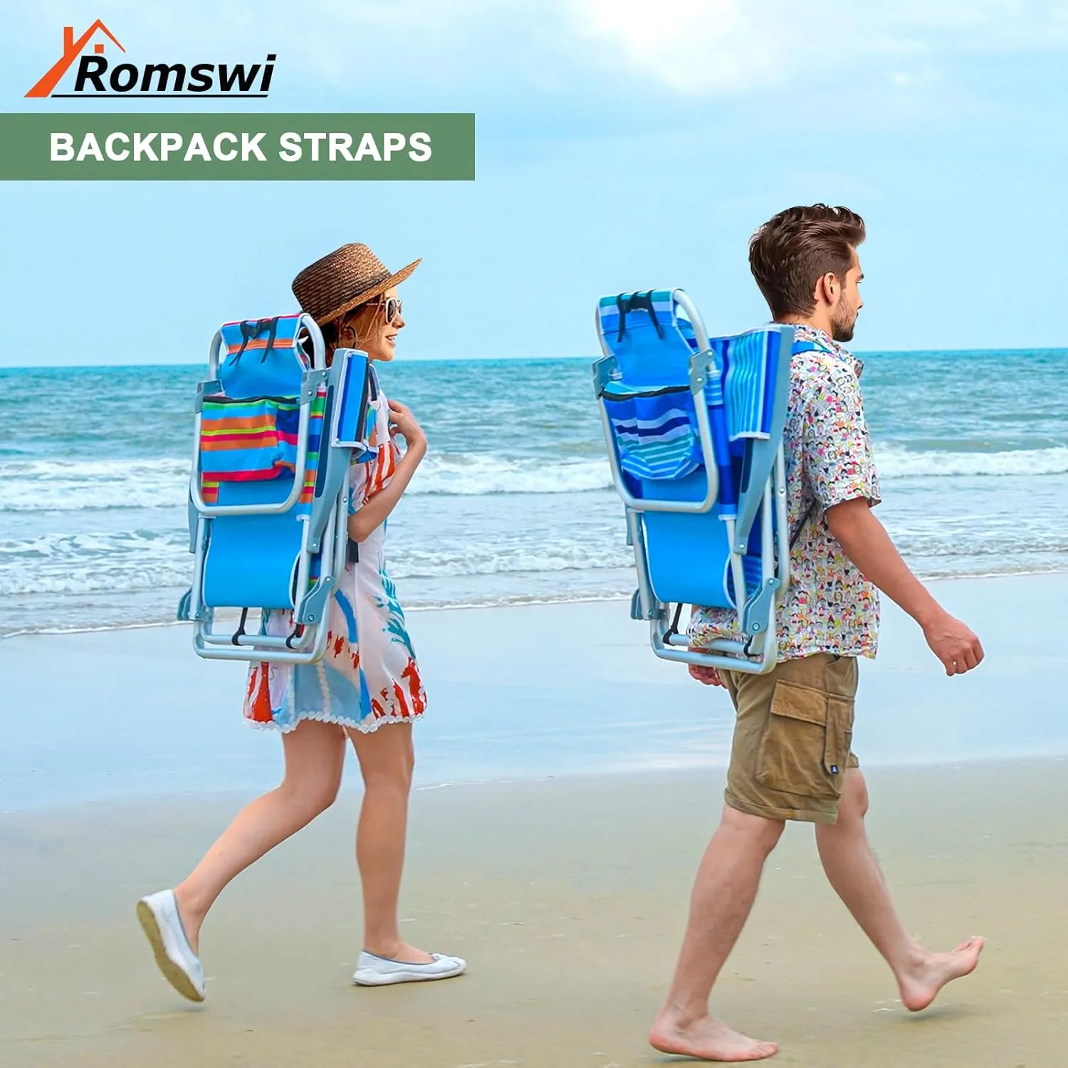 2Pk Aluminum 5-Position Lay Flat Folding Backpack Beach Chairs for Adults, with Cooler Bag, Cup&Phone Holder, Towel Bar for Outdoor Lawn Picnic Sport, Portable Foldable Camping Chairs, Blue Stripes