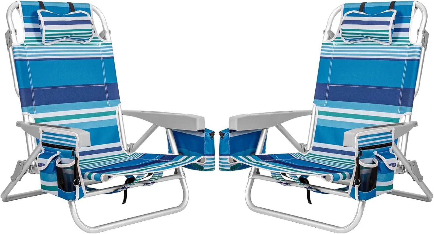 2Pk Aluminum 5-Position Lay Flat Folding Backpack Beach Chairs for Adults, with Cooler Bag, Cup&Phone Holder, Towel Bar for Outdoor Lawn Picnic Sport, Portable Foldable Camping Chairs, Blue Stripes