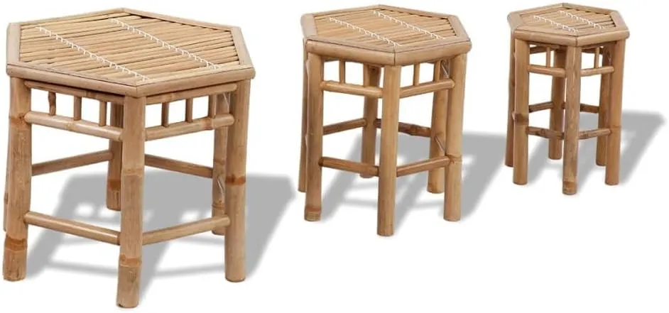 3-Piece Bamboo Patio Chairs Set Foldable Hexagonal Outdoor Furniture for Garden, Poolside, and Backyard, All-Weather Durable Stools in Small/Medium/Large Sizes
