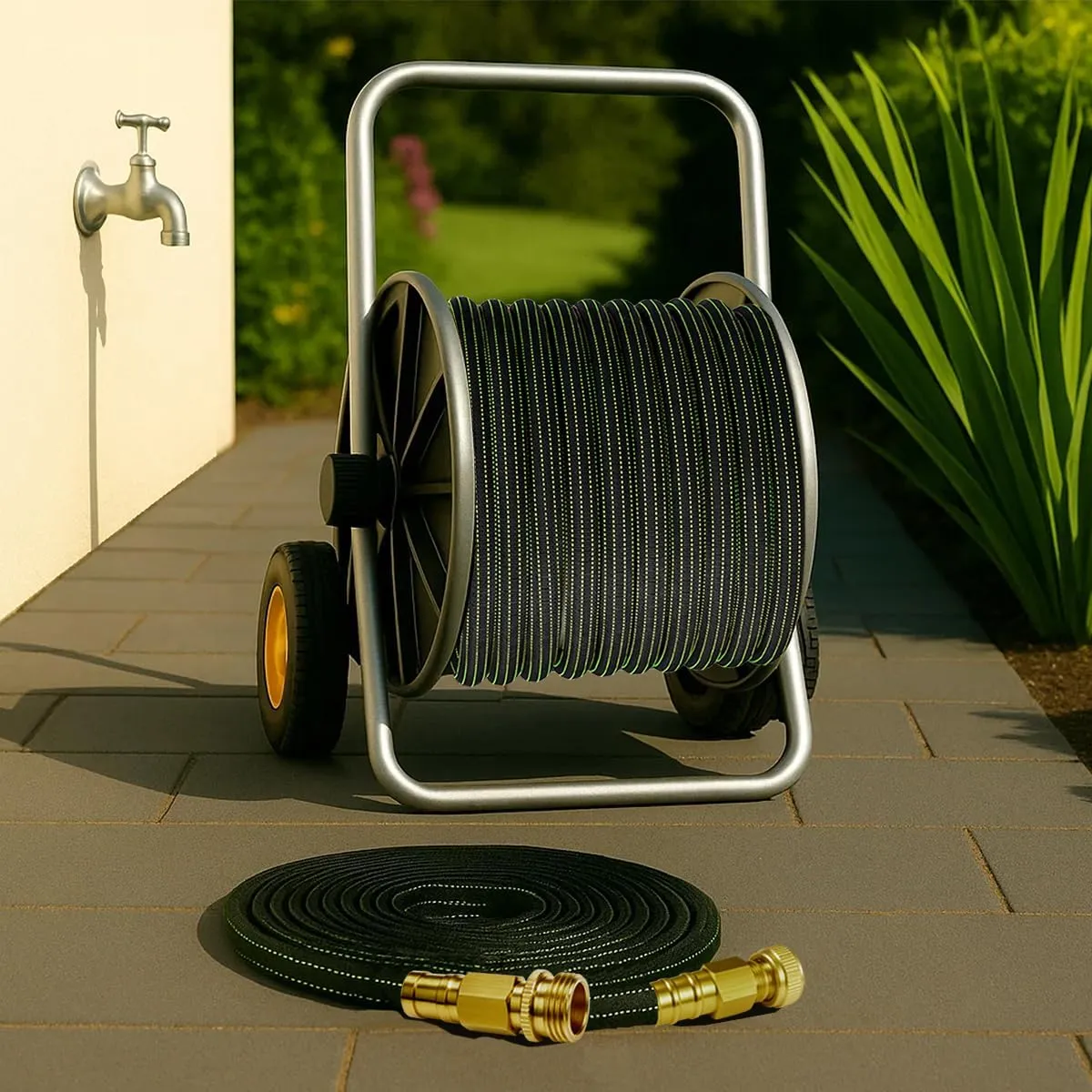 30ft Lightweight Flexible Garden Hose,Non-Slip Handles,Non-kink Hose,Aircraft Alloy Brass Plated Fitting for Boats, RV Water Hose,Marine Washdown,Lawn,Garden,Leakproof TPE Hose(GreenBlack, 30 FT)