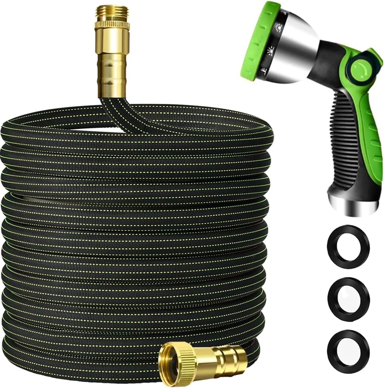 30ft Lightweight Flexible Garden Hose,Non-Slip Handles,Non-kink Hose,Aircraft Alloy Brass Plated Fitting for Boats, RV Water Hose,Marine Washdown,Lawn,Garden,Leakproof TPE Hose(GreenBlack, 30 FT)