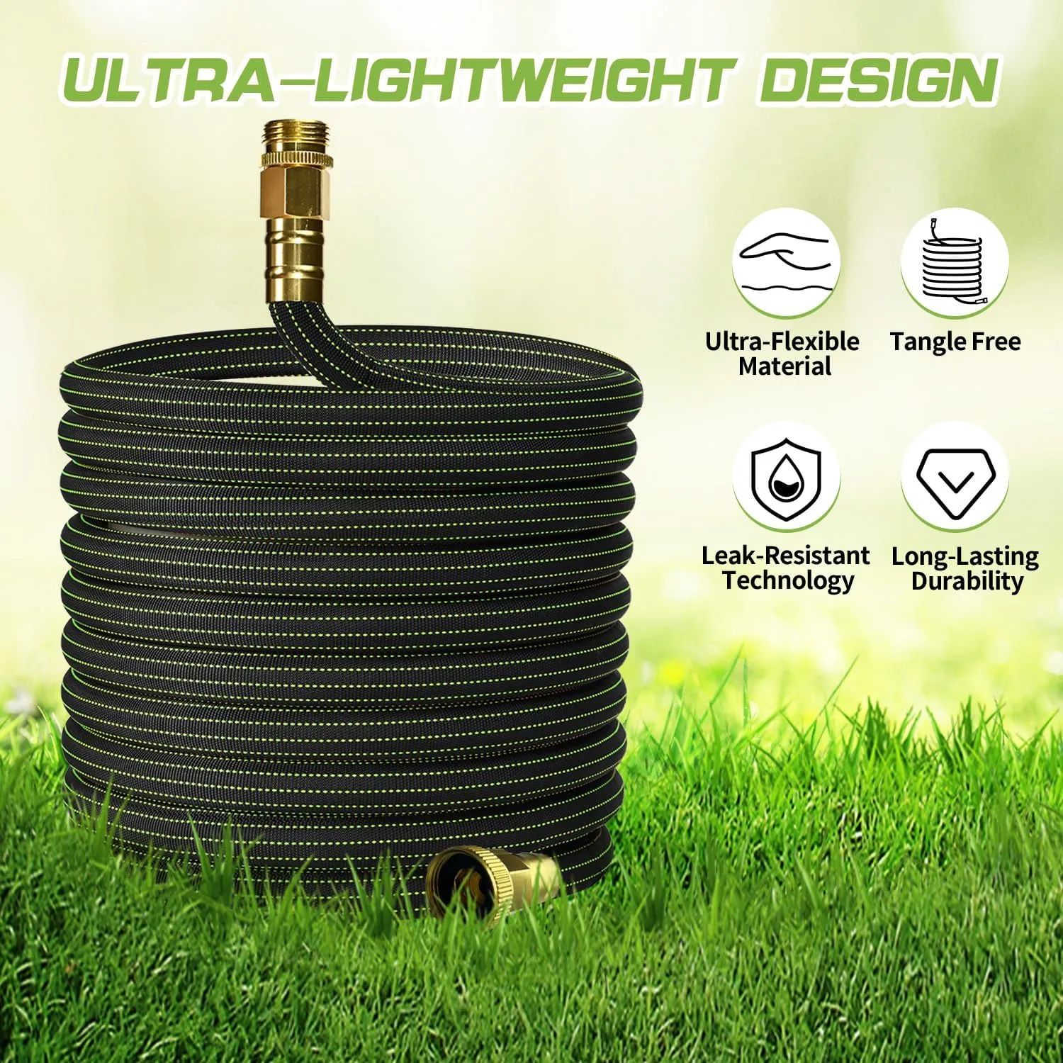 30ft Lightweight Flexible Garden Hose,Non-Slip Handles,Non-kink Hose,Aircraft Alloy Brass Plated Fitting for Boats, RV Water Hose,Marine Washdown,Lawn,Garden,Leakproof TPE Hose(GreenBlack, 30 FT)