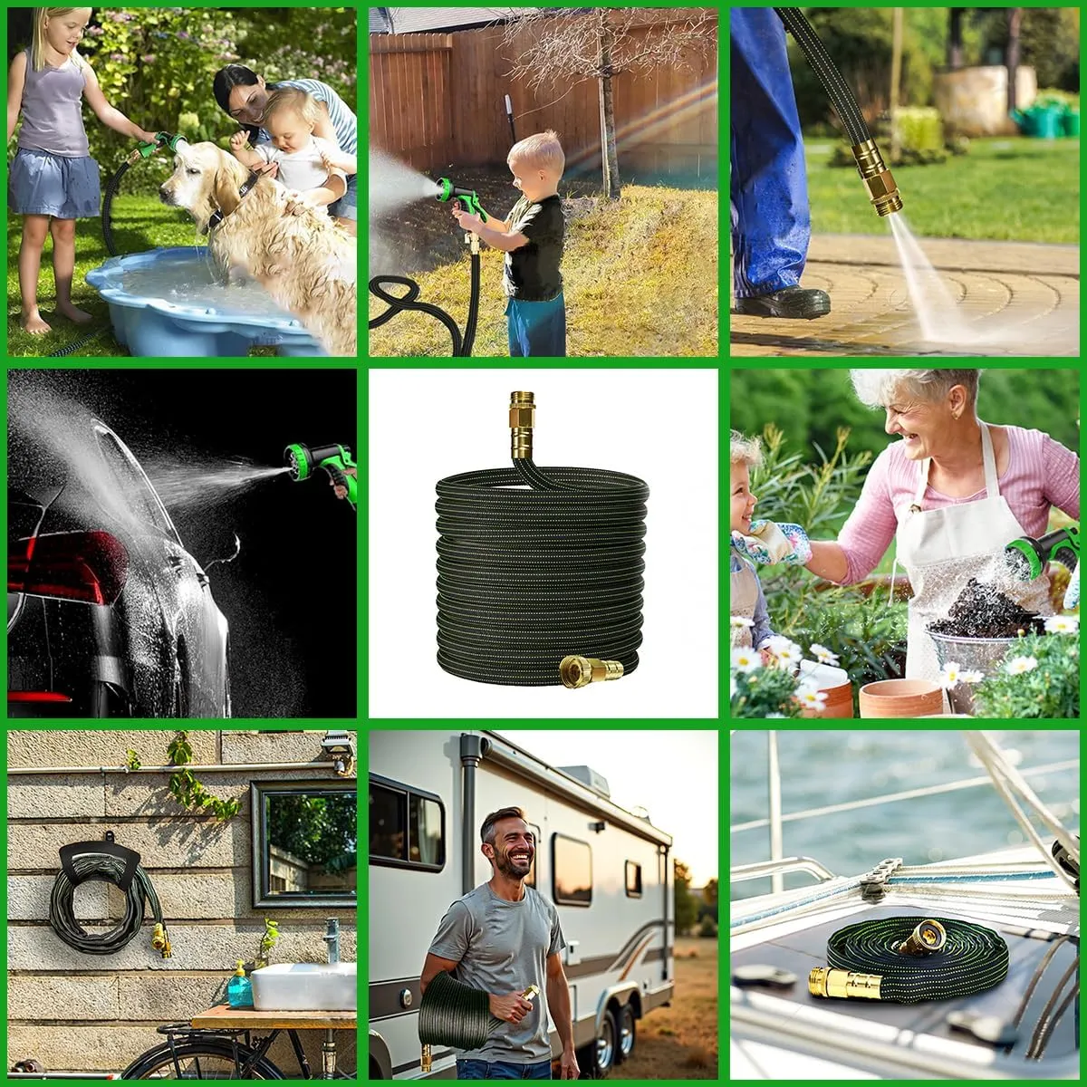 30ft Lightweight Flexible Garden Hose,Non-Slip Handles,Non-kink Hose,Aircraft Alloy Brass Plated Fitting for Boats, RV Water Hose,Marine Washdown,Lawn,Garden,Leakproof TPE Hose(GreenBlack, 30 FT)