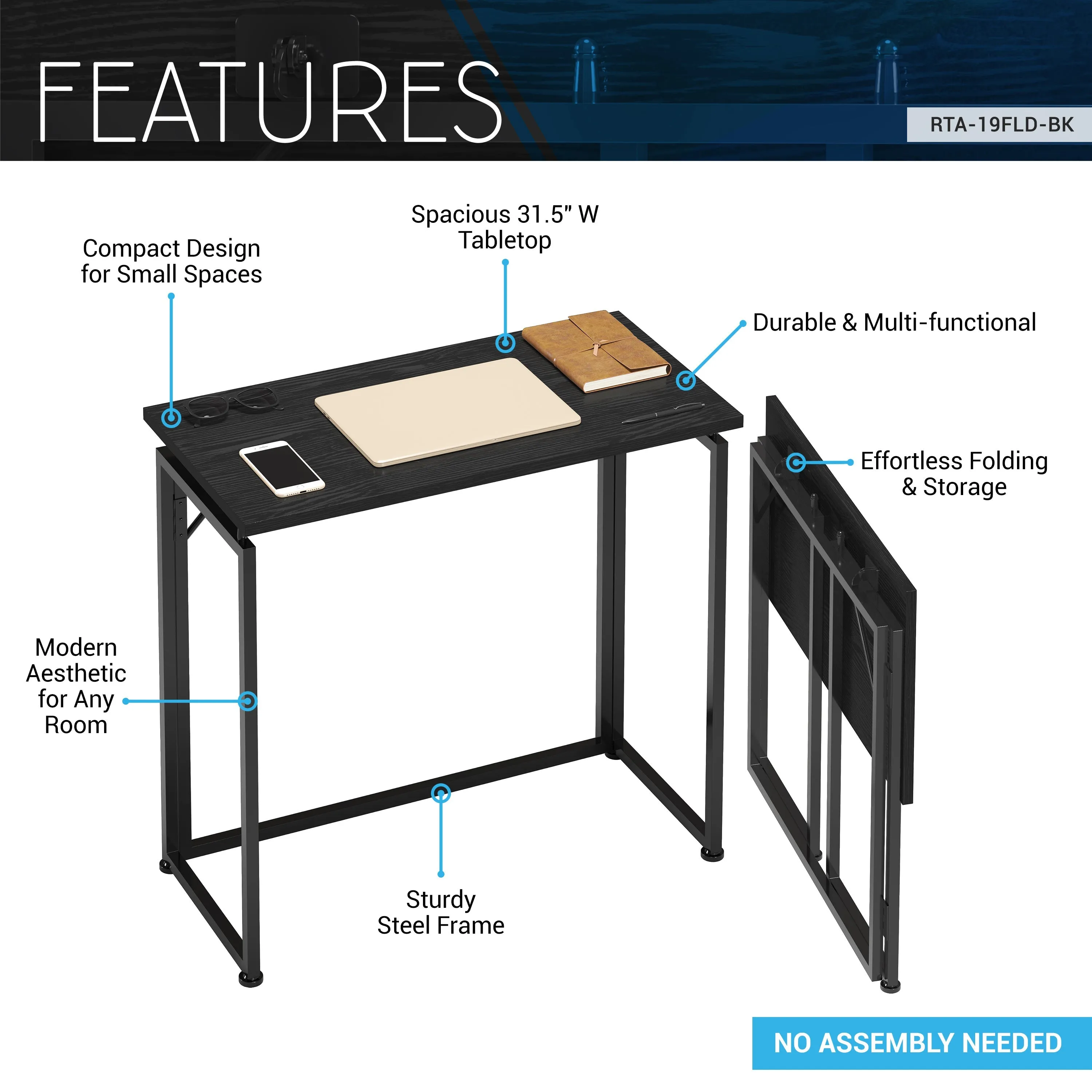 31.5” Folding Desk for Small Spaces, No Assembly Required