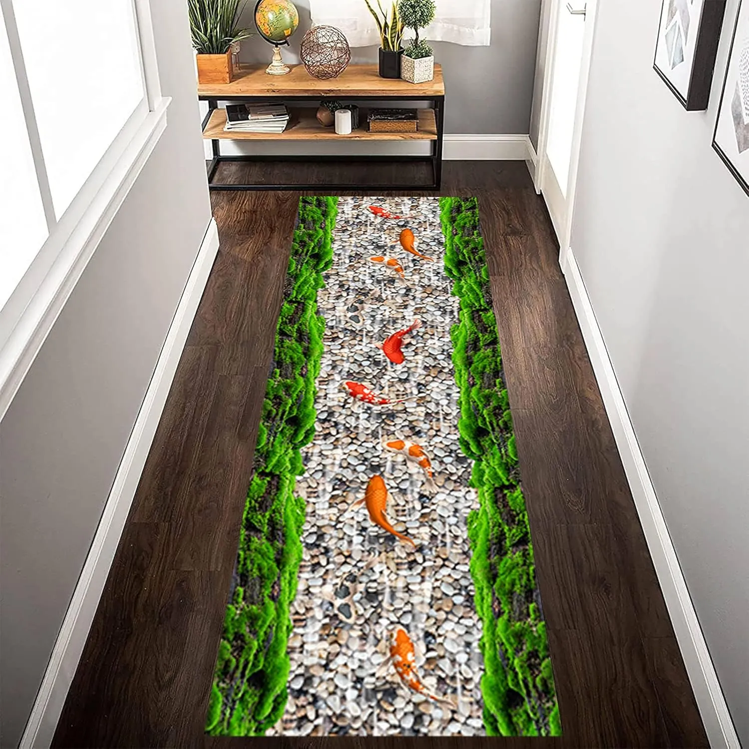 3D River Scenery Runner Rug, 2.6x10ft, Koi Moss Pebbles Stream Nature Landscape Optical Illusion Rug, Soft Foldable Home Decor Washable Runner Rug for Bathroom Laundry Room