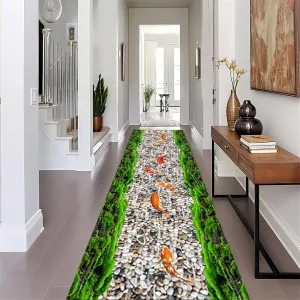 3D River Scenery Runner Rug, 2.6x10ft, Koi Moss Pebbles Stream Nature Landscape Optical Illusion Rug, Soft Foldable Home Decor Washable Runner Rug for Bathroom Laundry Room